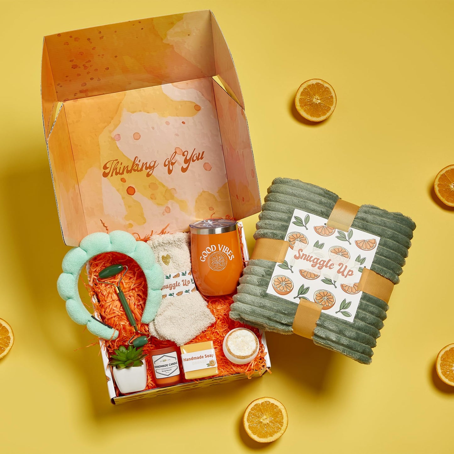 Sunny&Wise Care Package For Women - Designed in USA - Self Care Gifts After Surgery, Get Well Soon, Orange Fruit Themed, Thinking of You, 12 Oz Good Vibes Tumbler
