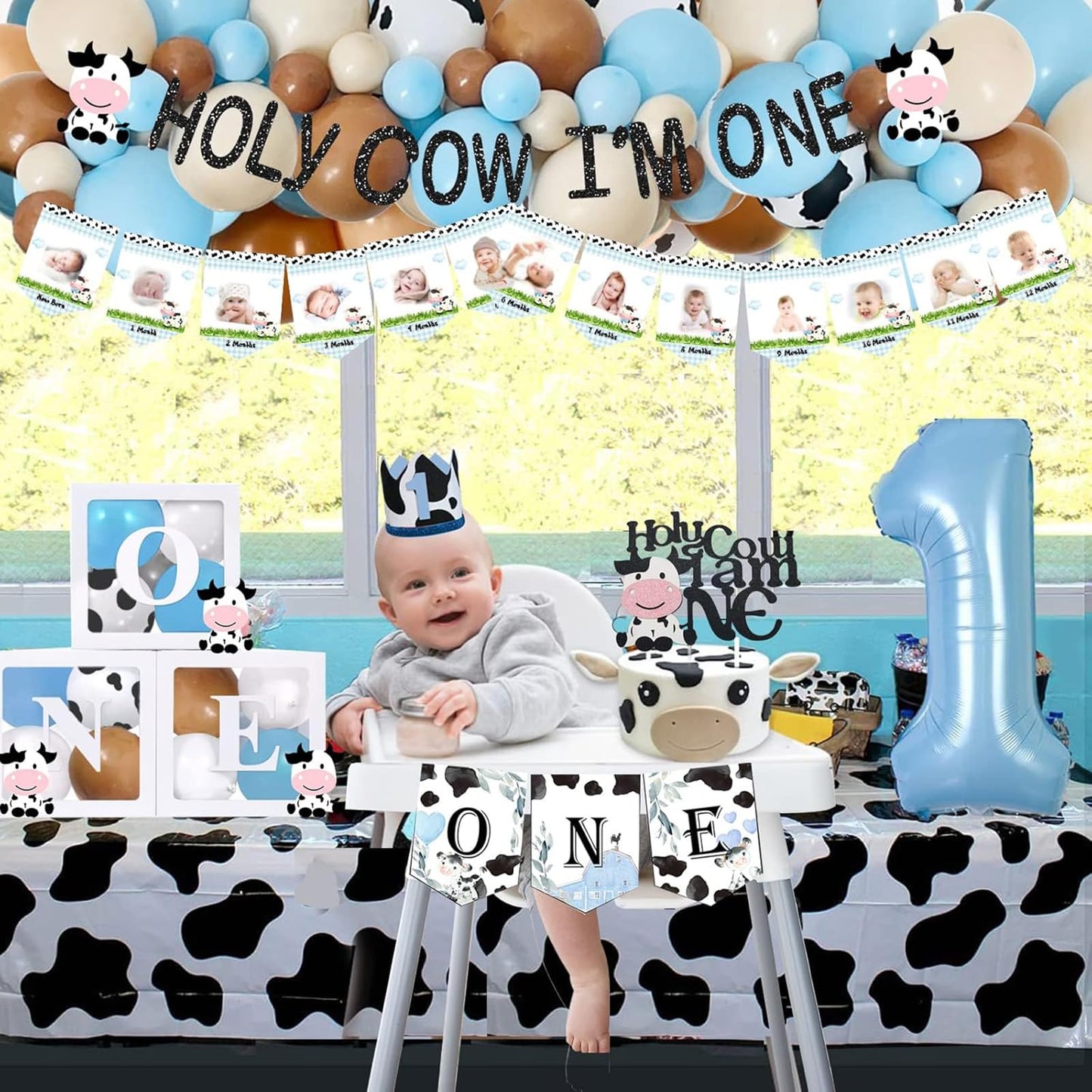 118 PCs Holy Cow Im One Birthday Decorations Boy, Hombae Cow First Party Decorations Backdrop Balloon Garland Monthly Photo High Chair Banner Cake Cupcake Topper Crown Box Poster White Black Blue
