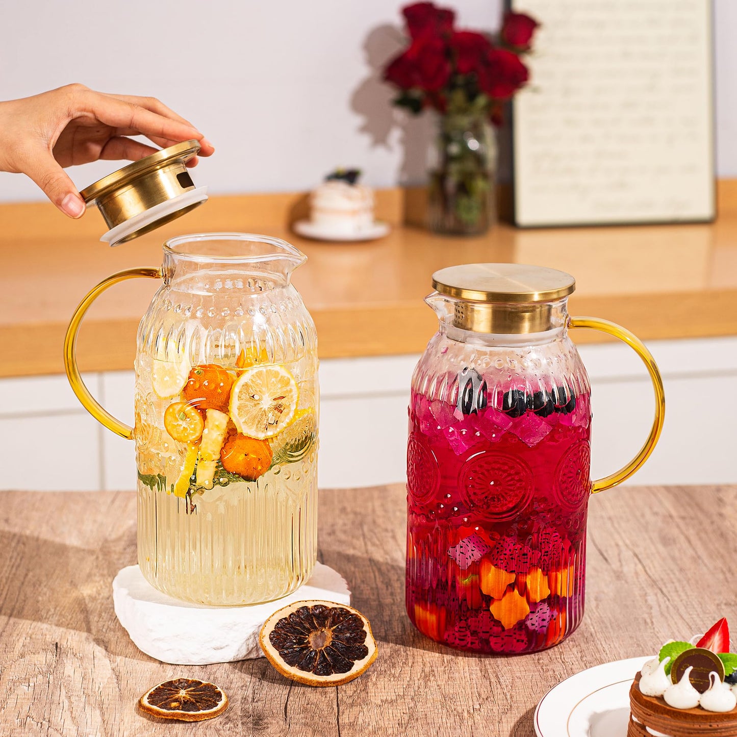 Amzcku Glass Pitcher with Lid, 68 oz/ 2 Liter 2Pack Vintage Water Pitcher,Glass Water Carafe for Cold Brew, Coffee, Lemonade, Iced Tea,Beverage, Heat Resistant Jug