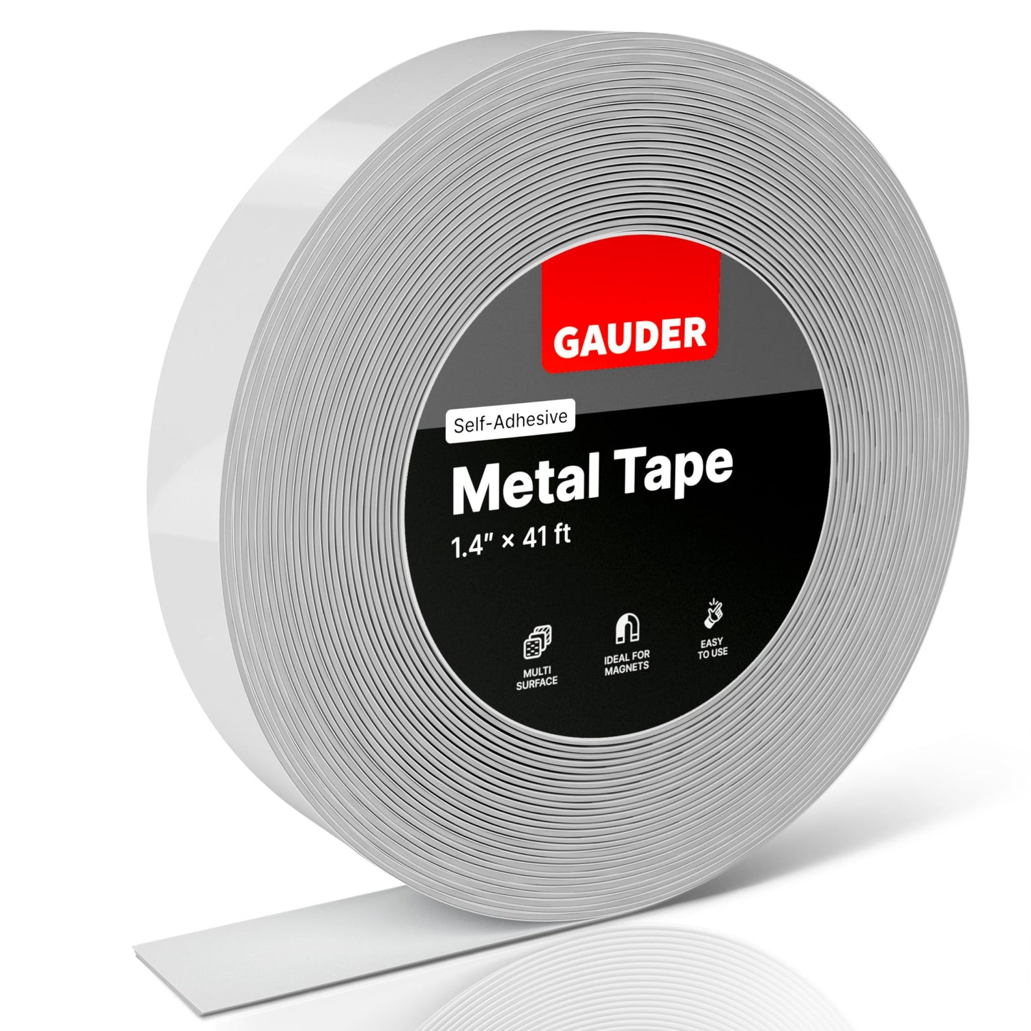 GAUDER Self-Adhesive Metal Tape - Ideal for Tonie Figures & Shelves - Holding Surface for Magnets - Ferrous Tape with Foam Adhesive - Thin Metal Steel Strip (41 ft x 1.4 in)
