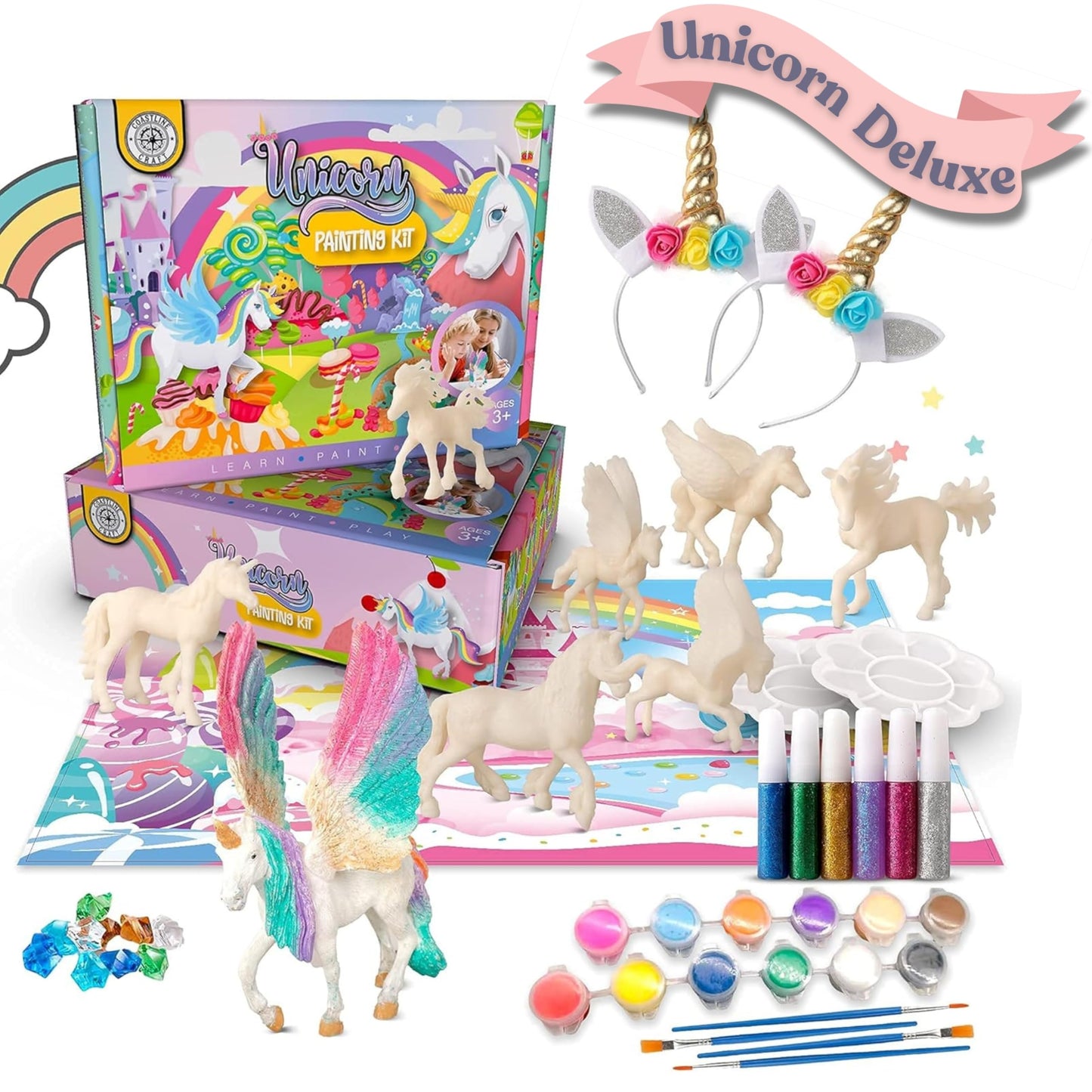 Deluxe Unicorn Painting Kit for Girls - STEM Certified Unicorn Craft for Girls Ages 4-6 & up- Paint Your Own Arts and Crafts Includes 2 DIY Headbands & 8 Kids Painting Crafts for Fun Screen-Free Play