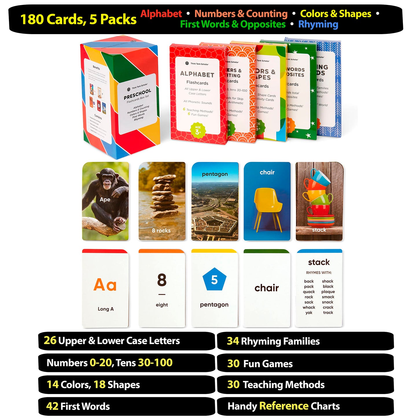Preschool Flash Cards Learning Bundle - Alphabet, Numbers, Colors, Shapes, First Words, & Rhyming for Toddlers Ages 2-6
