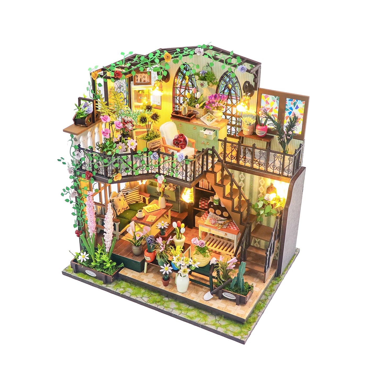 DIY Miniature House Kit, Fairy Dollhouse for Adults to Bulid,Tiny Home Making Kit with Wooden Furniture and LED, Halloween Decoration for Family and Friends (Darcy Flower House)