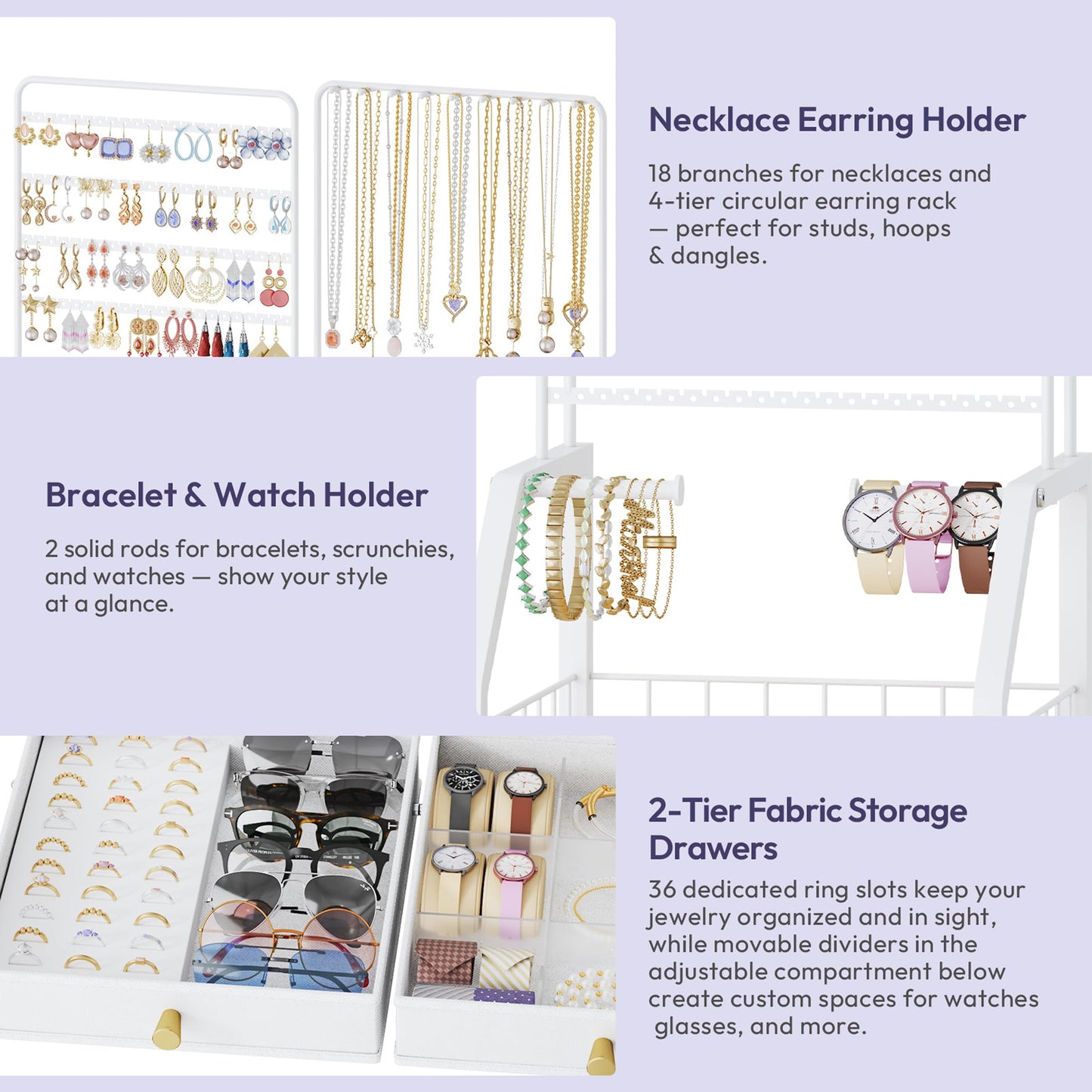 SWTYMIKI Jewelry Organizers and Storage- Multifunctional Stand Jewelry Organizer Cabinet for Necklace, Earring, Ring & Bracelet - Jewelry Box Necklace Holder with 4 Nonwoven Drawers & Wheel White