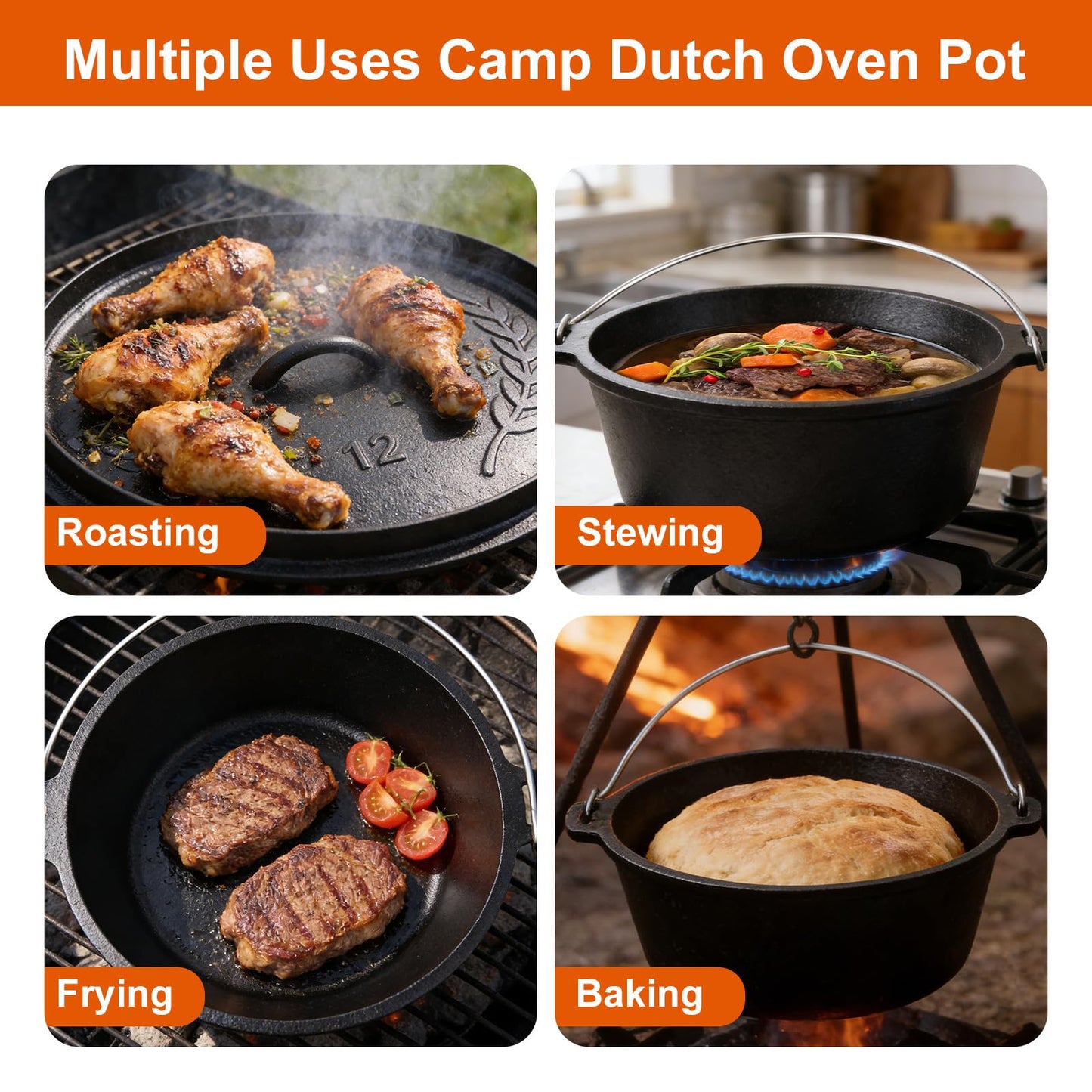 Blingco Pre-Seasoned Cast Iron 8QT Camp Dutch Oven with Lid, Large Camping Dutch Oven Pot, incl. Lid Lifter - Dual Handles - for Outdoor Campfire, Grill, Oven & Stovetop Cooking-Black