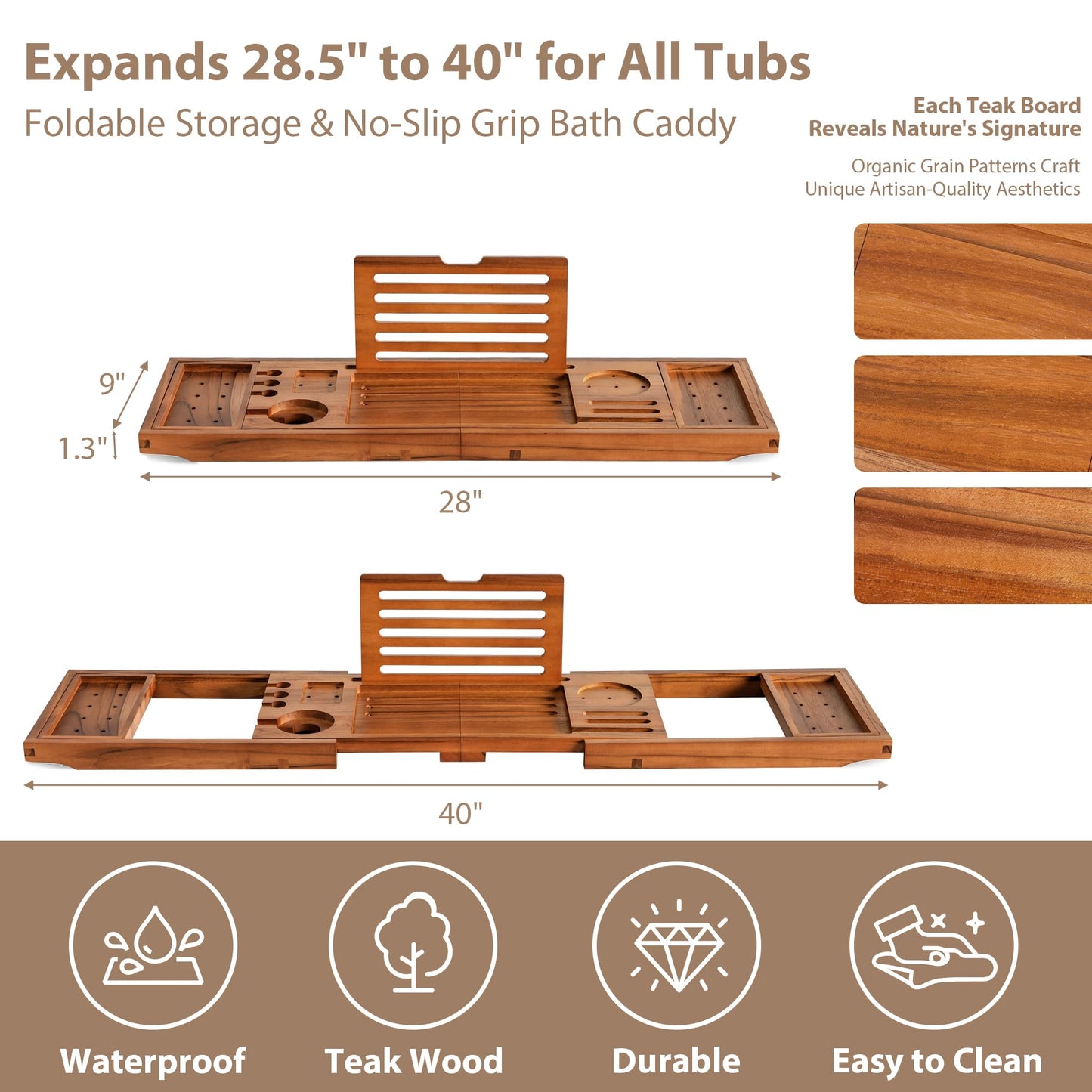 Realgulf Teak Bathtub Tray | Adjustable Width Tray with Wine Holder, Tablet/Phone & Book Stand, Splash-Proof for Bath Time- Natural