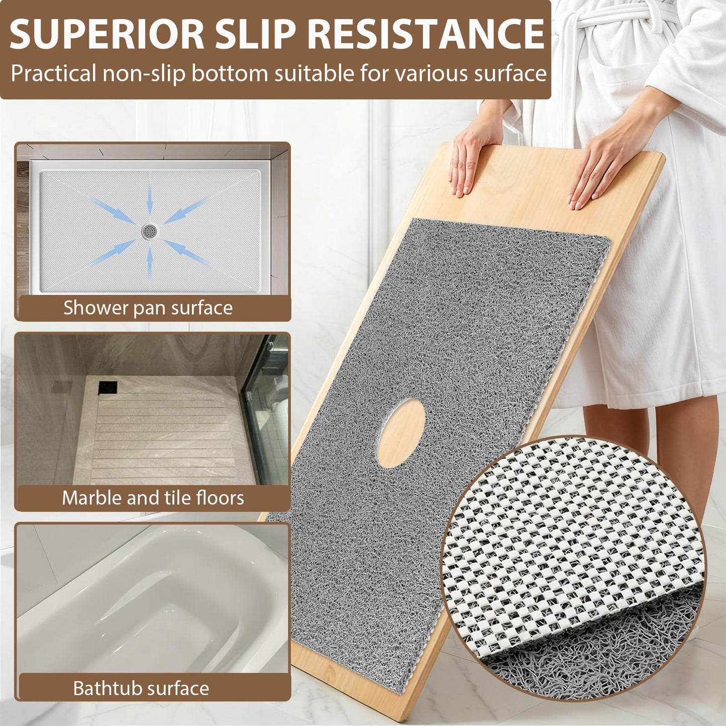 Extra Large Non Slip Shower Mat: 47.2x31.5 inch Loofah Shower Mat for Inside Shower with Drain Hole in Middle, Soft PVC Anti-Slip Shower Stall Mats for Bathroom,Wet Area, Quick Drying