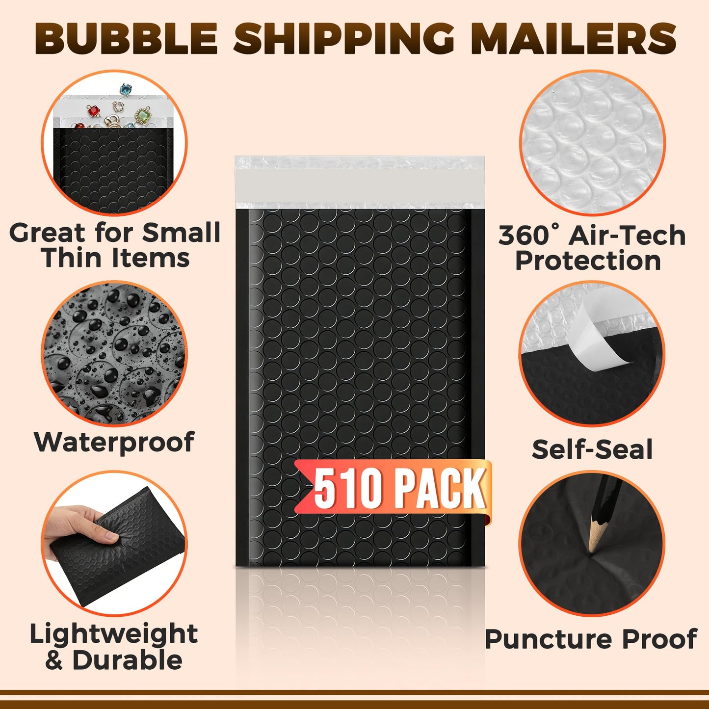 510-Pack Bubble Mailer 4'' x 8'' - Self-Sealing Waterproof Small Mailing Envelopes Padded Lightweight Shipping Bags for Accessories, Small Parts, Jewelry, Trading Cards, Compact Items 4x7 Usable Space
