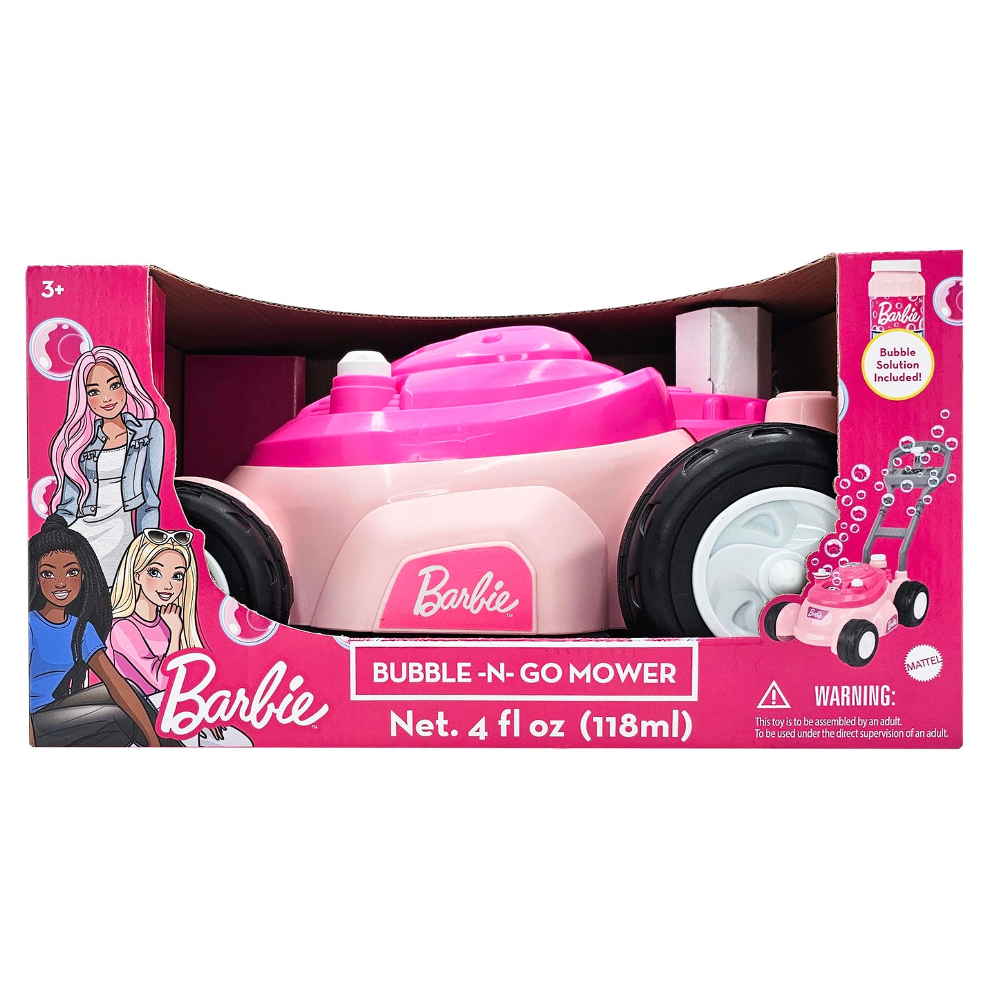 Barbie Bubble Lawn Mower for Toddlers, Bubble Blowing Machines, Indoor and Outdoor Gardening Toy, Birthday, Party Favor for Prechool Girls No Batteries, Includes Bubble Solution, 2+