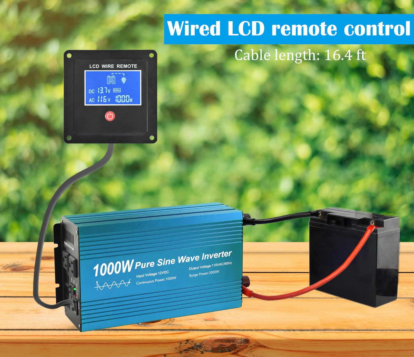Fit4Less Pure Sine Wave Power Inverter 1000W DC12V to AC 110V with Dual sockets and USB, LCD Remote kit. (1000W)