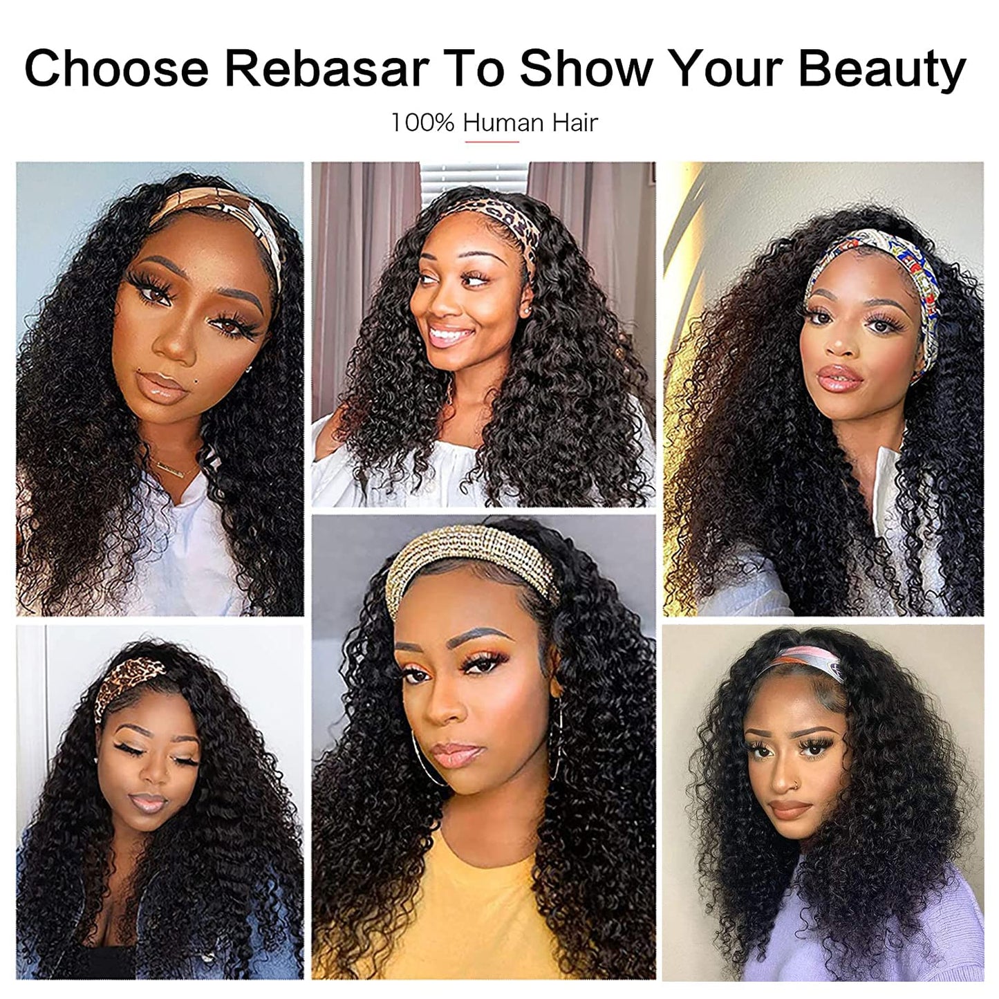 Rebasar Deep Wave Headband Wig Human Hair 14 Inch Curly Headband Wigs for Black Women Human Hair Glueless None Lace Front Wig Brazilian Virgin Hair Wear and Go Wigs 150% Density Natural Black Color