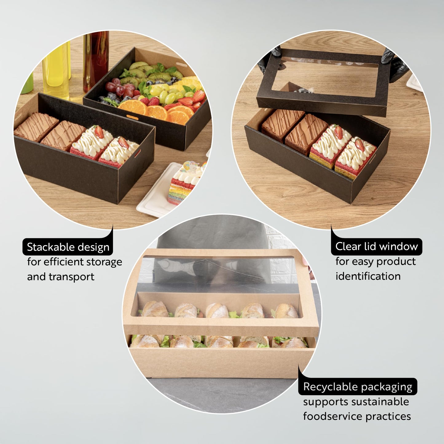 Restaurantware Cater Tek 17.9 x 12.3 x 3.2 Inch Baked Goods Boxes 10 Greaseproof Pastry Boxes - Window Lids Insert Tab Lock Black Paper Catering Boxes Easy Assembly For Charcuterie Or Cupcakes