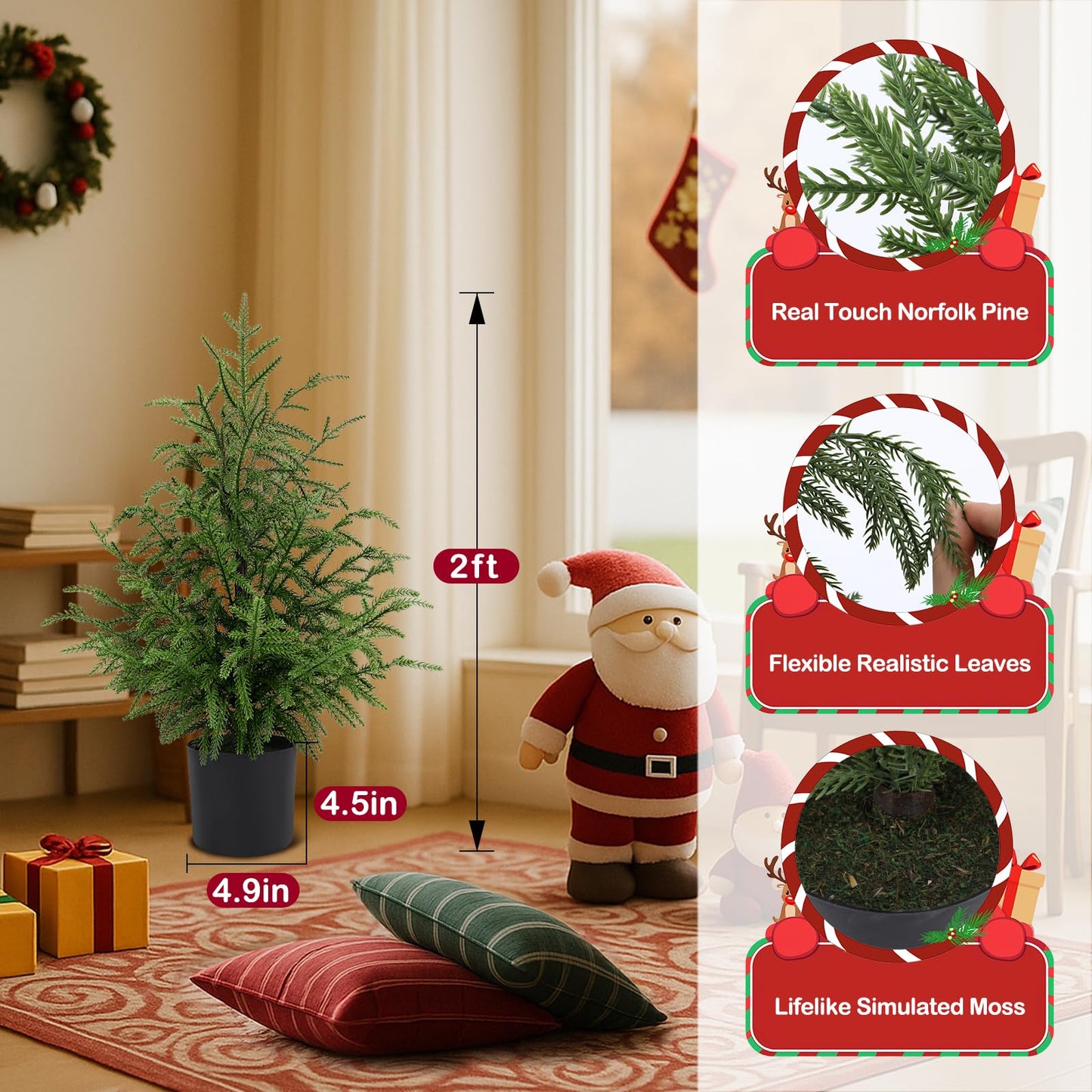 ENVEN 2FT Artificial Norfolk Pine Christmas Tree – Tabletop Faux Tree Unlit/Prelit with 50 LED Lights & 8-Function Battery Box, Pre-Assembled Holiday Decor for Home or Office (Prelit-2FT-2Pack)