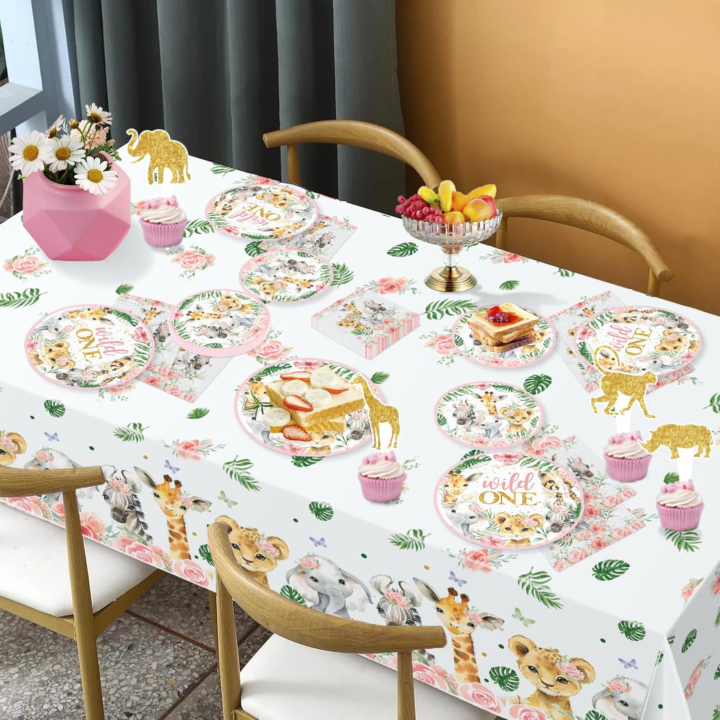 Cocomigo 184pcs Wild One Birthday Decorations Girl, Wild One Party Decorations Include Plate Banner Backdrop Tablecloth Cake Topper Pink Balloon Arch for Wild One Birthday Decorations
