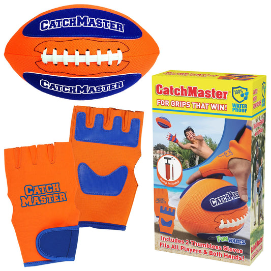 CatchMaster Water Football Set – Pool & Beach Easy Catch Hook-and-Loop Ball + 2 Gloves, Waterproof Outdoor Backyard Game