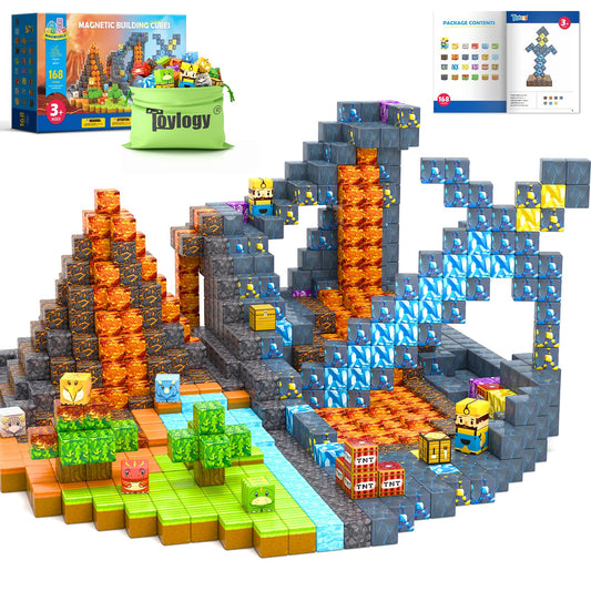 168PCS Magnetic Blocks-Build Mine Magnet World Dinosaur & Mine Edition, Building Outdoor Sensory Toys for Kids 3-5, STEM Jurassic Kid Games for Toddler Gifts for Boys and Girls Ages 3 4 5 6 7 8