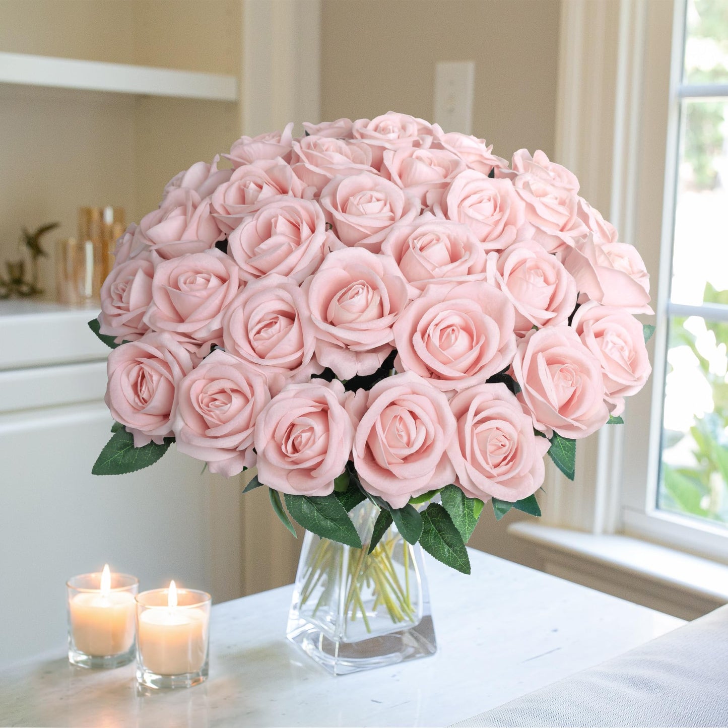 50 PCS Roses Artificial Flowers, Fake Roses with Stem Realistic Blush Silk Rose for DIY Wedding Bouquets Table Centerpieces Arrangements Baby Shower Birthday Home Decor Valentines Day Gift for Her