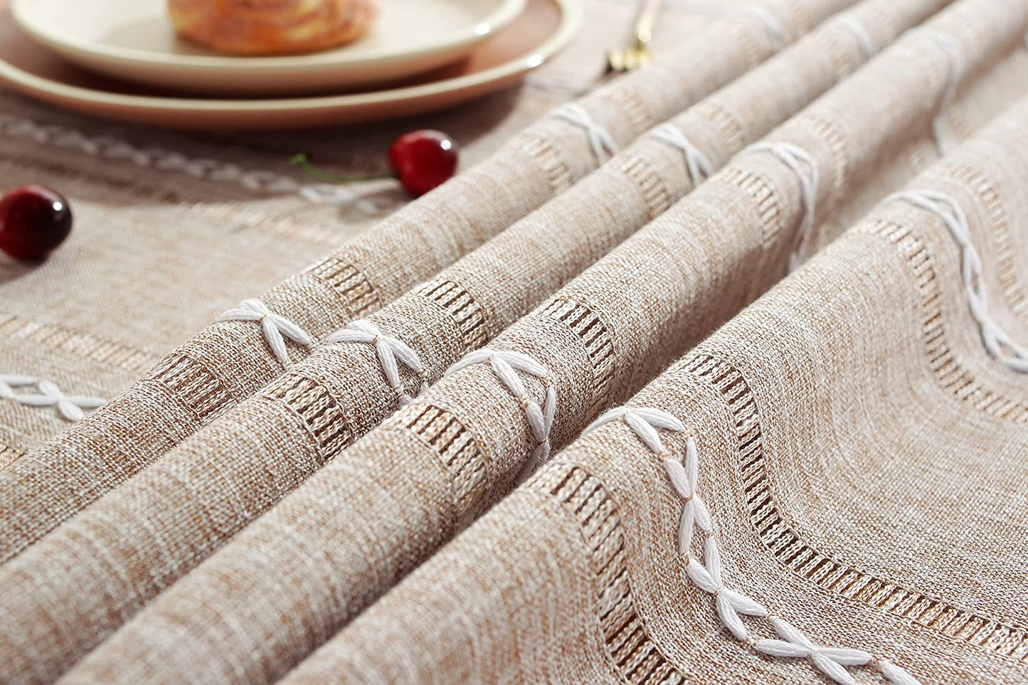 Chassic 60 x 104 inches Farmhouse Style Linen tablecloths, Wrinkle Resistant Washable Dining Room Table Cloths for 6 Foot Rectangle Tables - Hemstitch Light Coffee