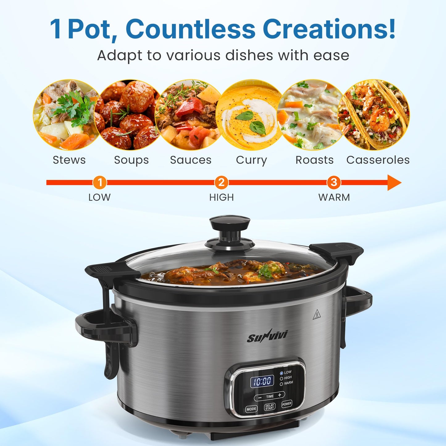 SUNVIVIPRO 4QT Slow Cooker, Programmable Pot with Removable Ceramic Pot, Locking Lid, 3 Heating Settings & Time Control,Dishwasher-safe Lid & Pot, Grey