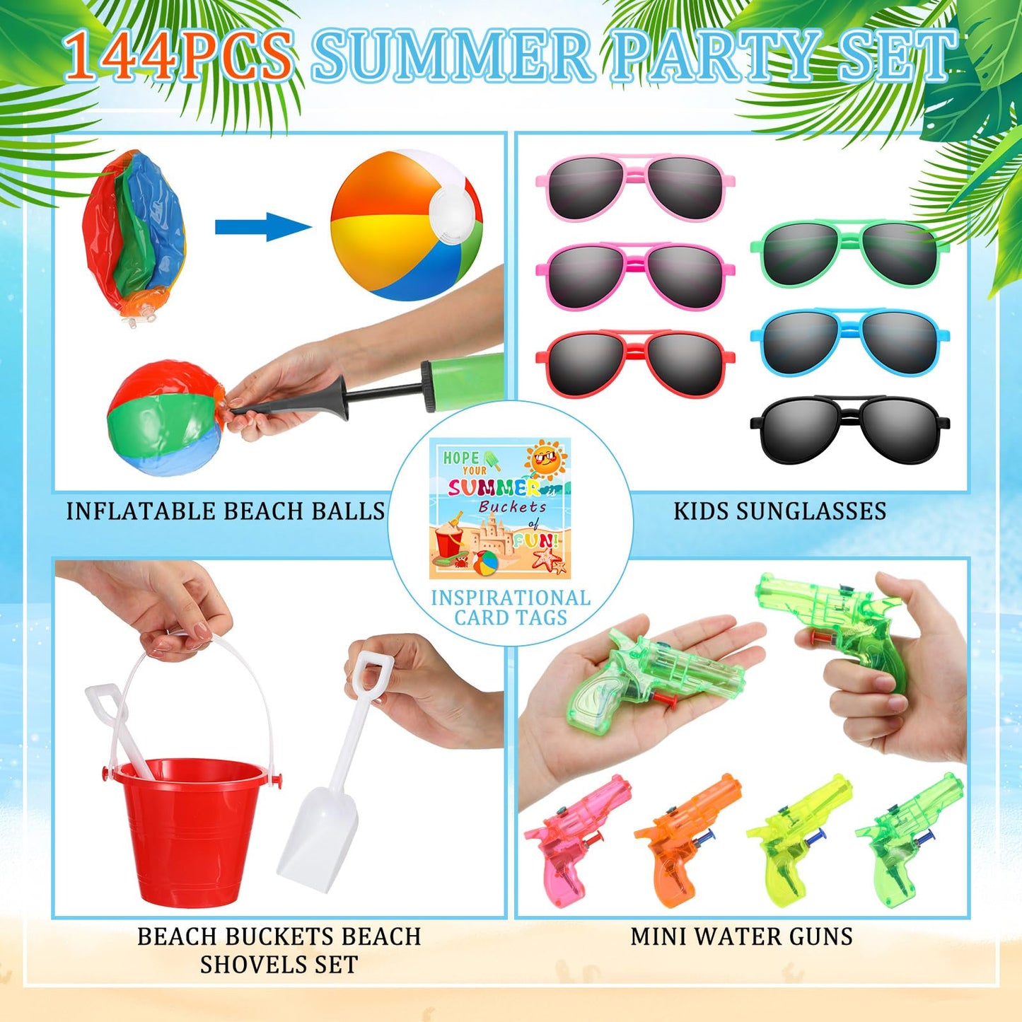 Threan 144 Pcs End of Year Students Gifts from Teacher Bulk Beach Party Favors Include Sand Buckets Bulk Beach Balls Shovels Sunglasses Water Gun Blessing Card for Summer Party Favors(Elliptical)