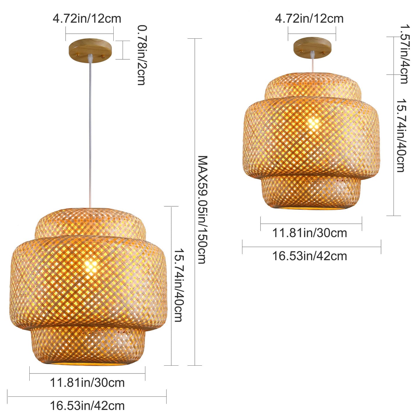 Karjearl Bamboo Pendant Light - Boho Basket Chandelier Handmade Woven Pendant Light, Natural Wicker Rattan Hanging Chandelier for Kitchen Island Dining Room Living Room Porch