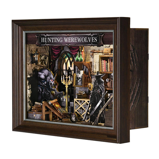 Book Nook Kit-3D Wooden Puzzle with LED Switch Control & Wall-Mountable Frame,DIY Miniature House for Beginners,Bookshelf/Tabletop/Wall Decor for Craft Lovers,Dollhouse Gift,Hunting Werewolves