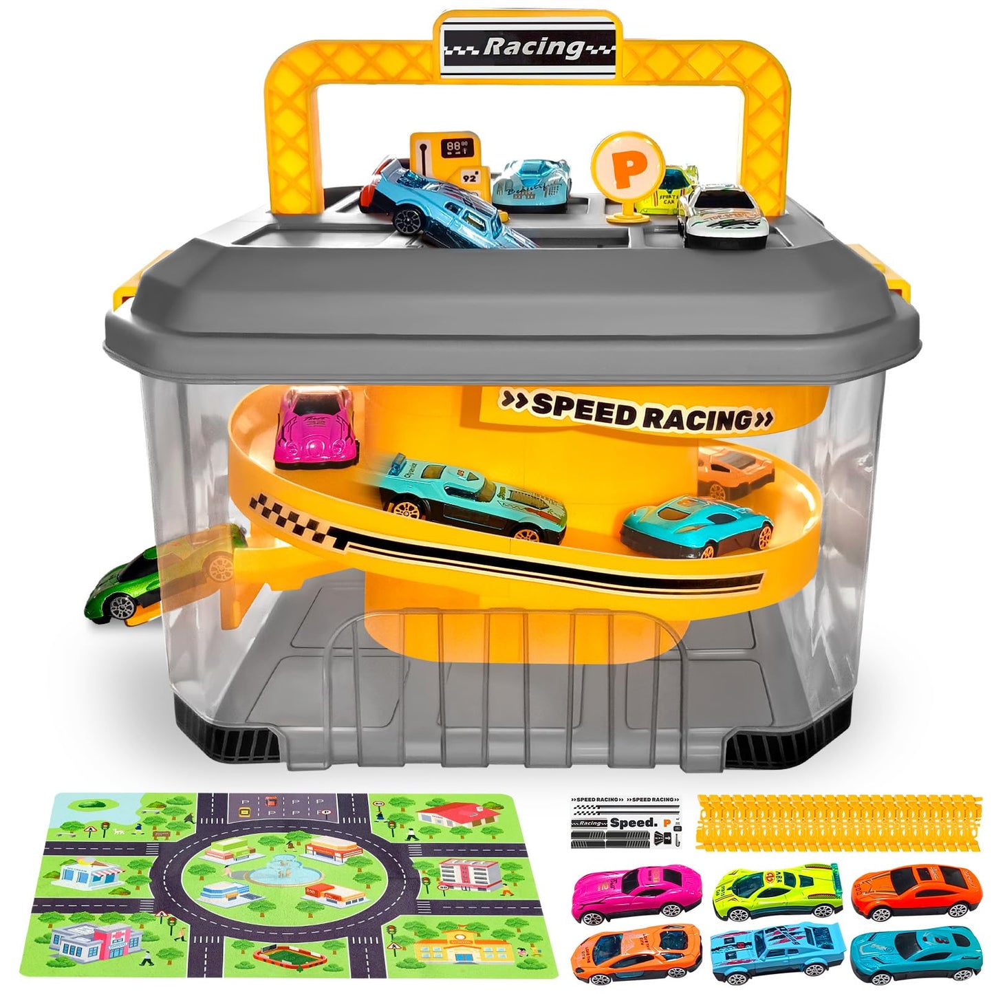 Toy Car Track Storage Playset - Toddler Toys for Ages 2-4, Toy Car Set with 12 Diecast Cars, PlayMat, Race Tracks, Car Ramp, Kids Birthyday Gift for 1 2 3 4 5 Year Old Boys