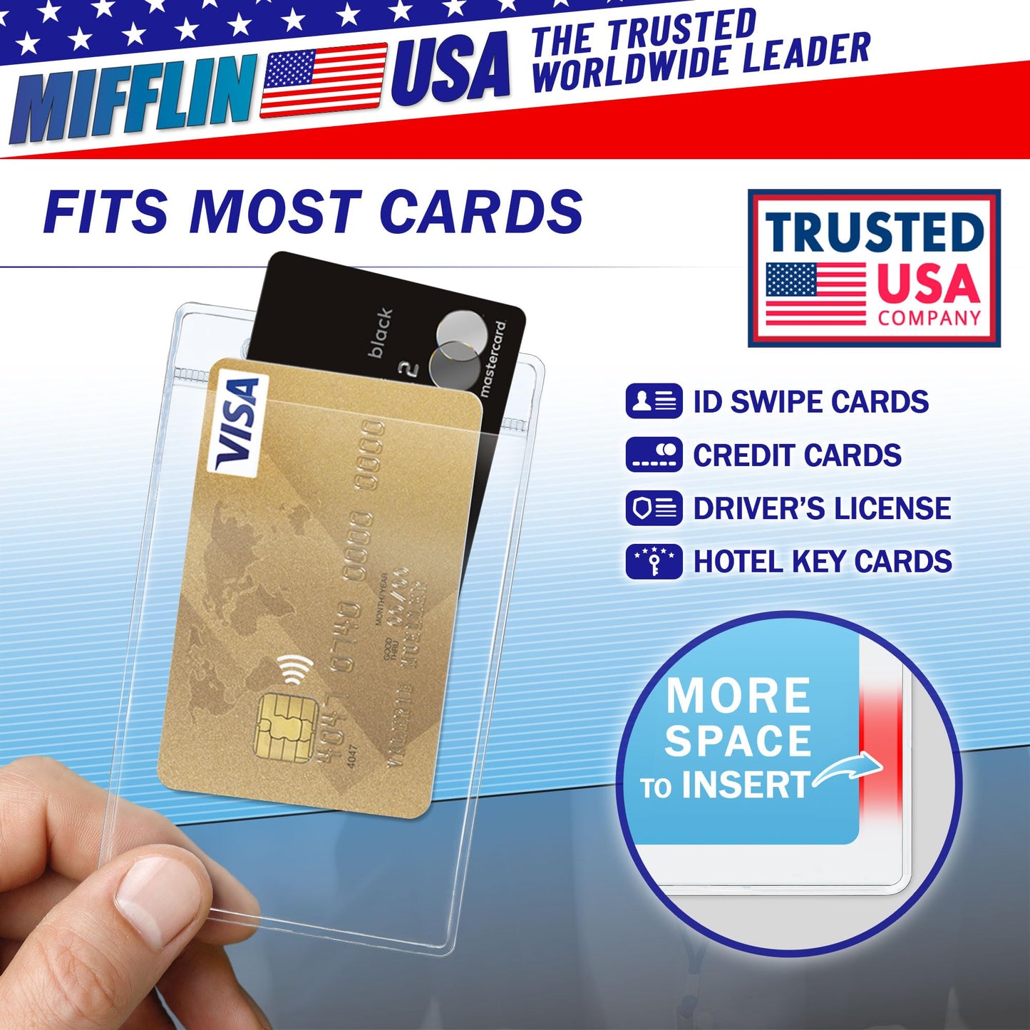 Mifflin-USA Plastic Vertical Card Holder (3x4 Inch, Clear, Bulk 250 Pack) Quick Load No Zipper Name ID Badge