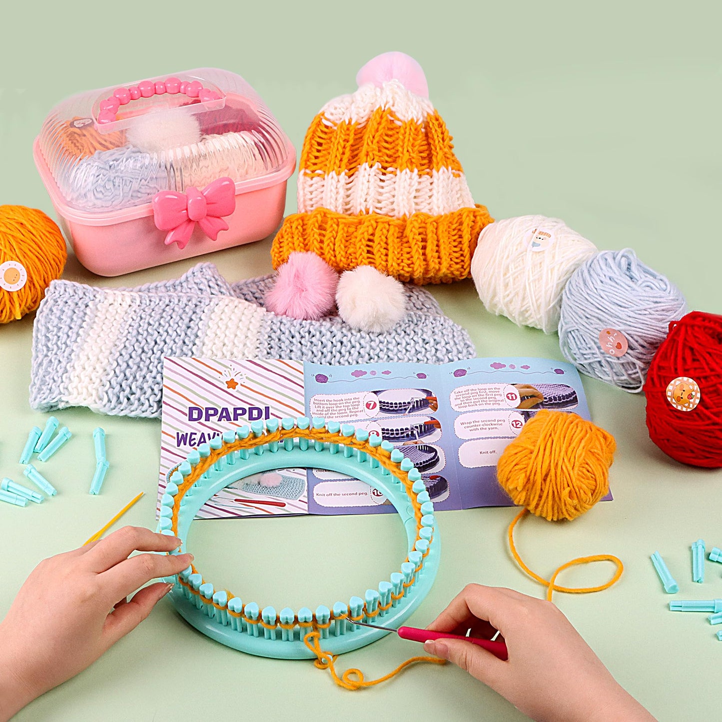 DPAPDI Knitting Loom Kit for Beginners, Creative Craft Toy for Girls Ages 7 8 9 10 11 12 with Storage Boxes Yarns Knitting Tools, Fantastic DIY Gifts Knit Hat Scarf