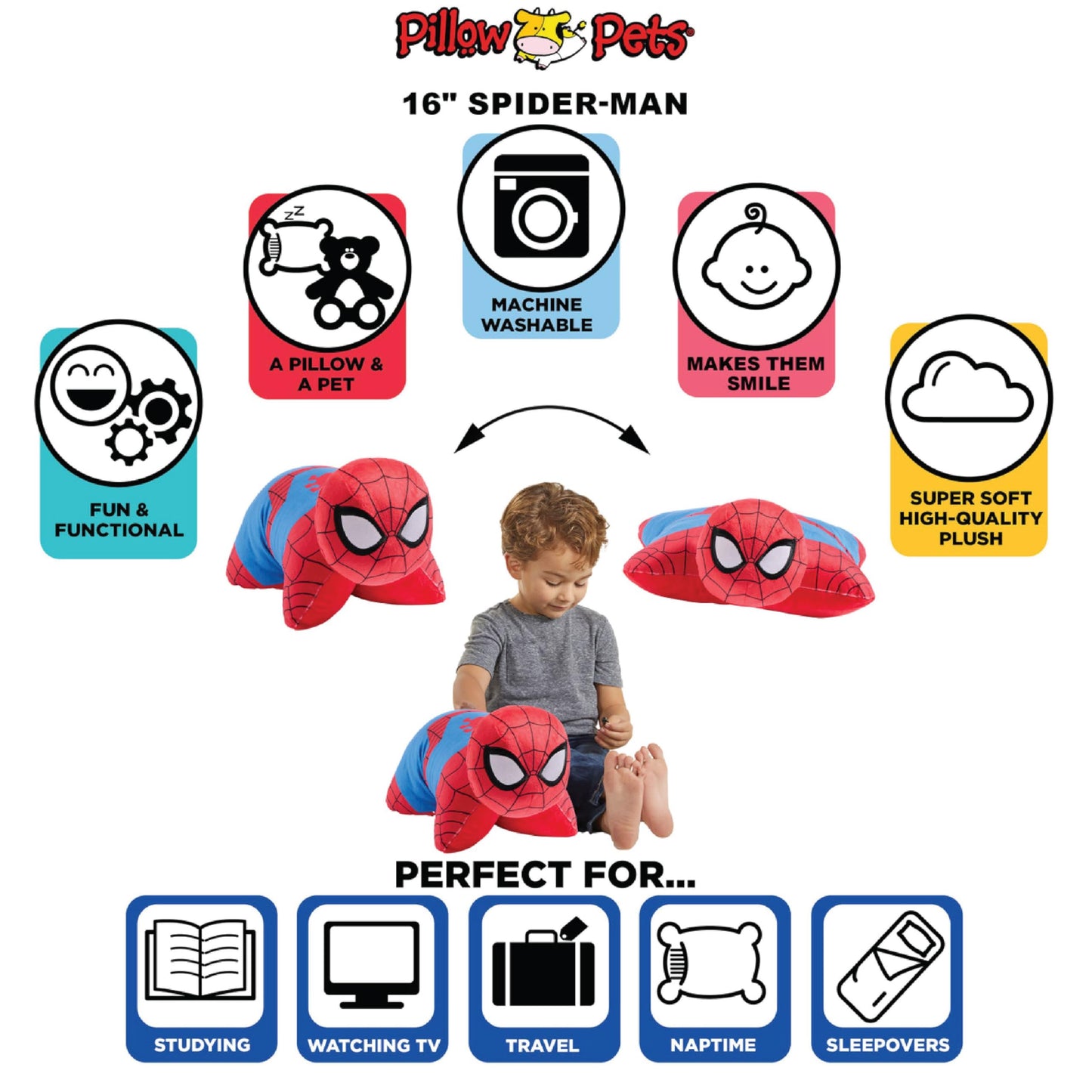Pillow Pets 16” Spider-Man Plush Toy - Marvel Disney Stuffed Animal