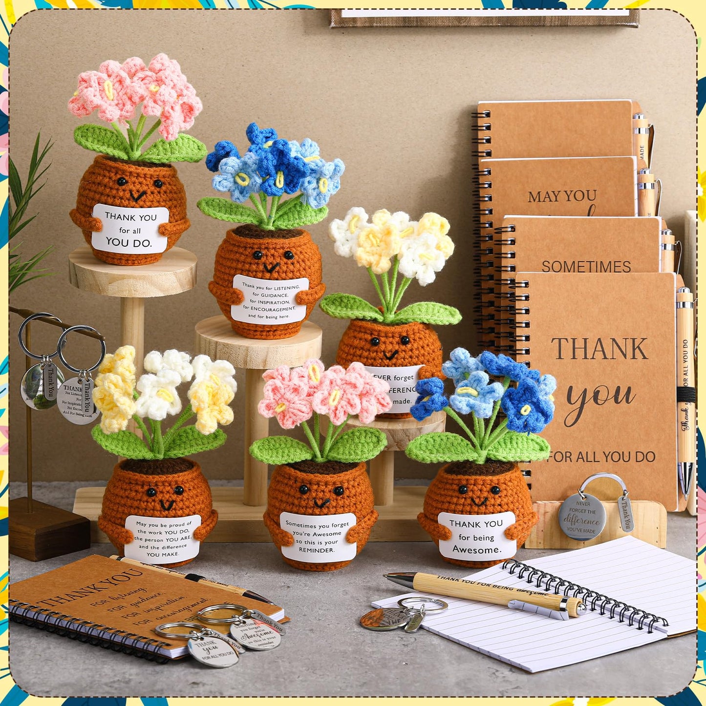 Wavwavw 6 Set Employee Appreciation Gifts Bulk, Gifts for Coworkers, Doll Crochet with Card Inspirational Journals with Retractable Bamboo Pens Thank You Keychains for Staff