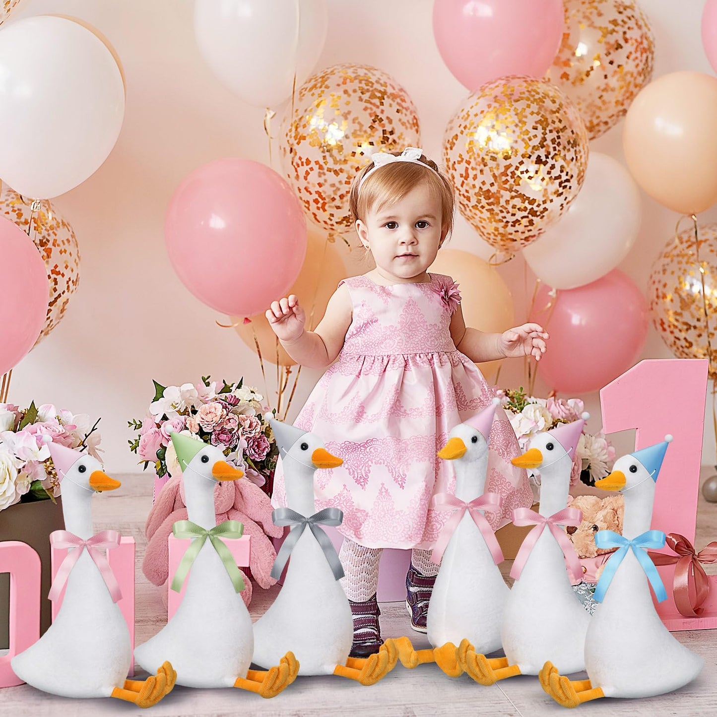Blueweenly 12 Sets 11.8 Inch One Silly Goose Plush Party Favor, Birthday Decor for Girl Boy Stuffed Goose Animals with Hats and Ribbons(Cuddly Style)