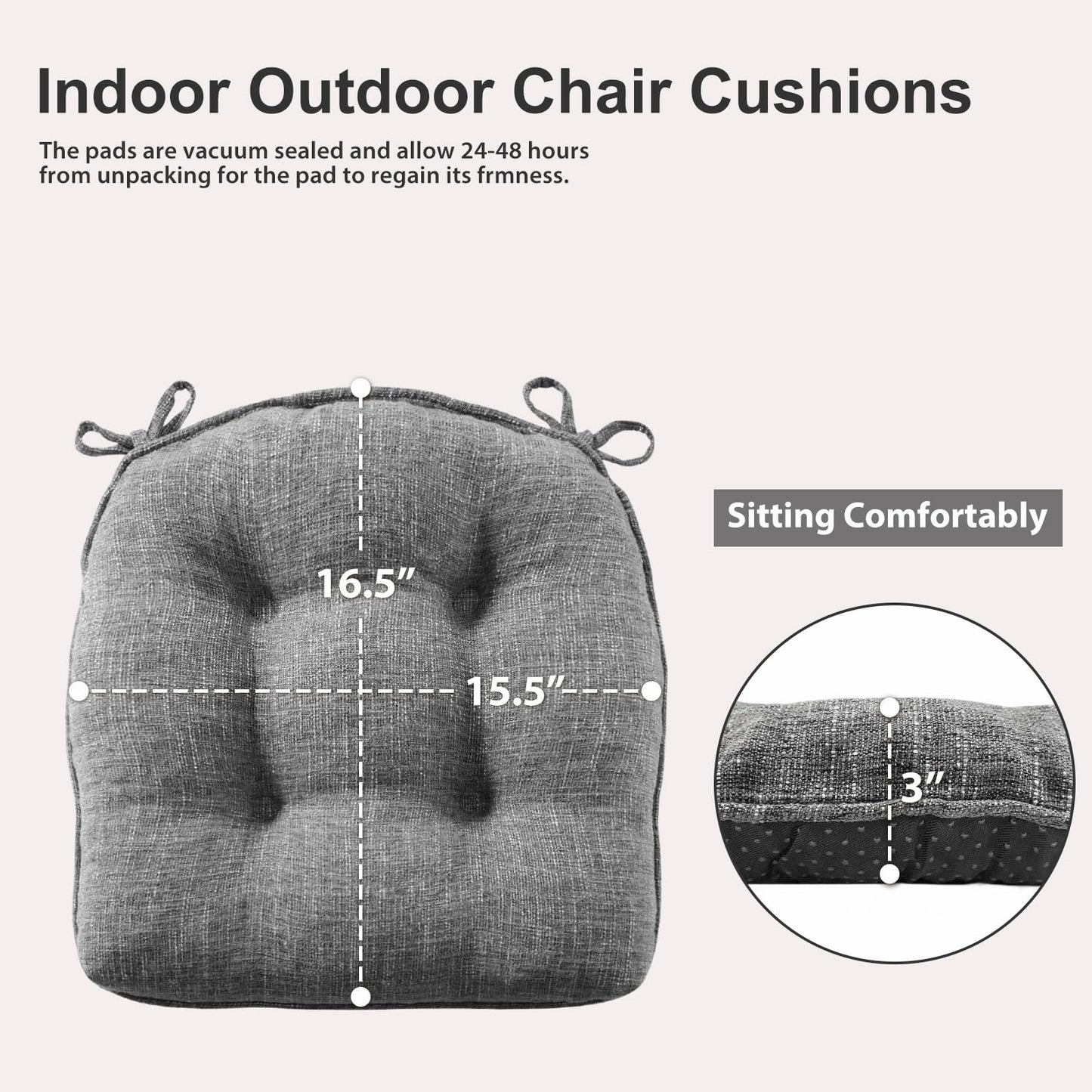 Quilmfoam 16.5"x15.5" Kitchen Chair Cushions Set of 4 for Dining Chair, Soft Tufted Non-Slip Memory Foam Seat Cushion with Ties for Indoor Kitchen Dining Furniture, Dark Grey