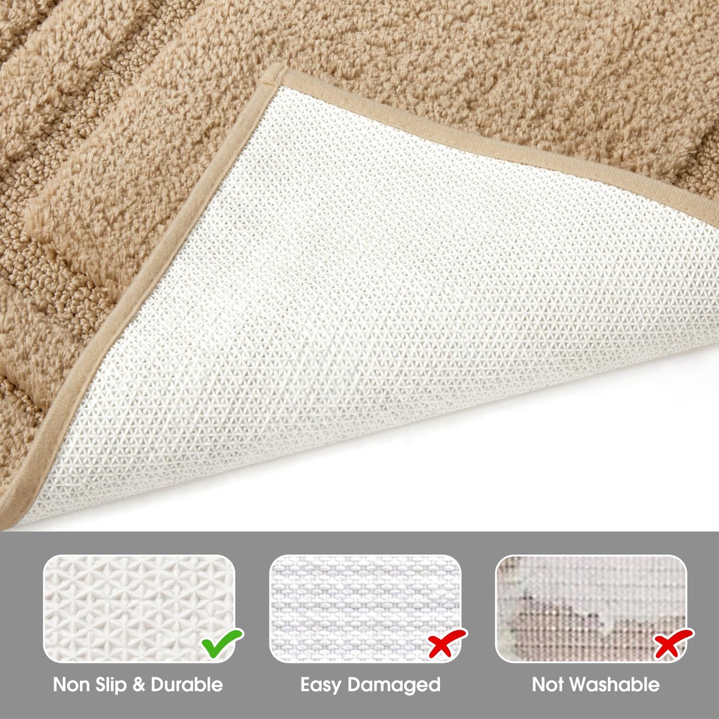 HOMEIDEAS Bathroom Rugs Sets 3 Piece, Super Soft and Absorbent Non Slip Microfiber Toilet Bath Mat with U-Shaped for Bathroom, Farmhouse (Khaki)