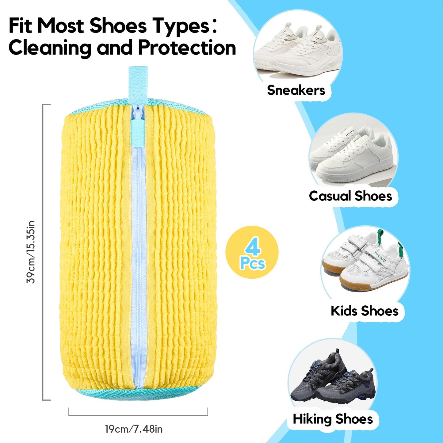 CinGiiCo Shoe Washing Machine Bag, 4 Pcs Laundry Shoe Bag For Washing Machine, With 4 Boot Stretcher (L 6-12.5 & S 5-10.5), 360°Deep Cleaning, Fit Most Shoes Types