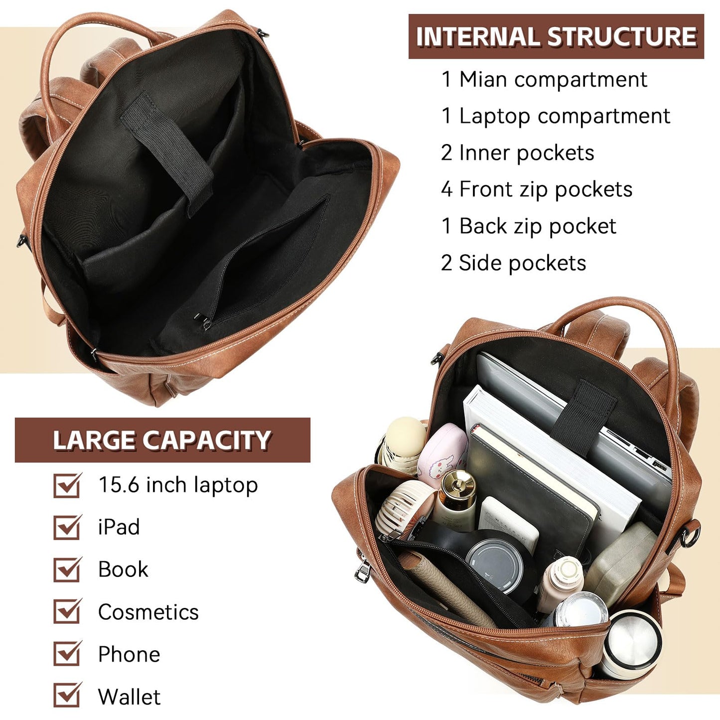 AGLOD Vegan Leather Laptop Backpack for Women 15.6 Inch Work Backpack Purse for Travel College