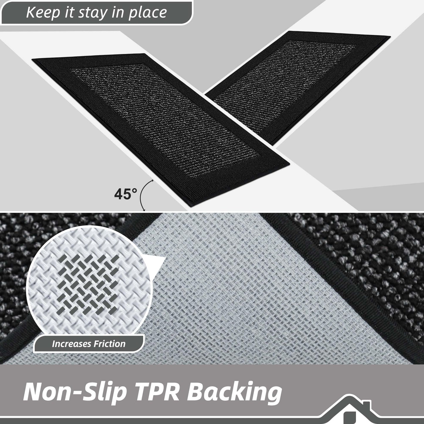 BEQHAUSE Kitchen Rugs and Mats Set of 2 Non-Slip Kitchen Mats for Floor, Absorbent and Stain Resistant Kitchen Runner, Machine Washable Rugs for Kitchen, Laundry & Sink, 24"x36"+24"x60", Black