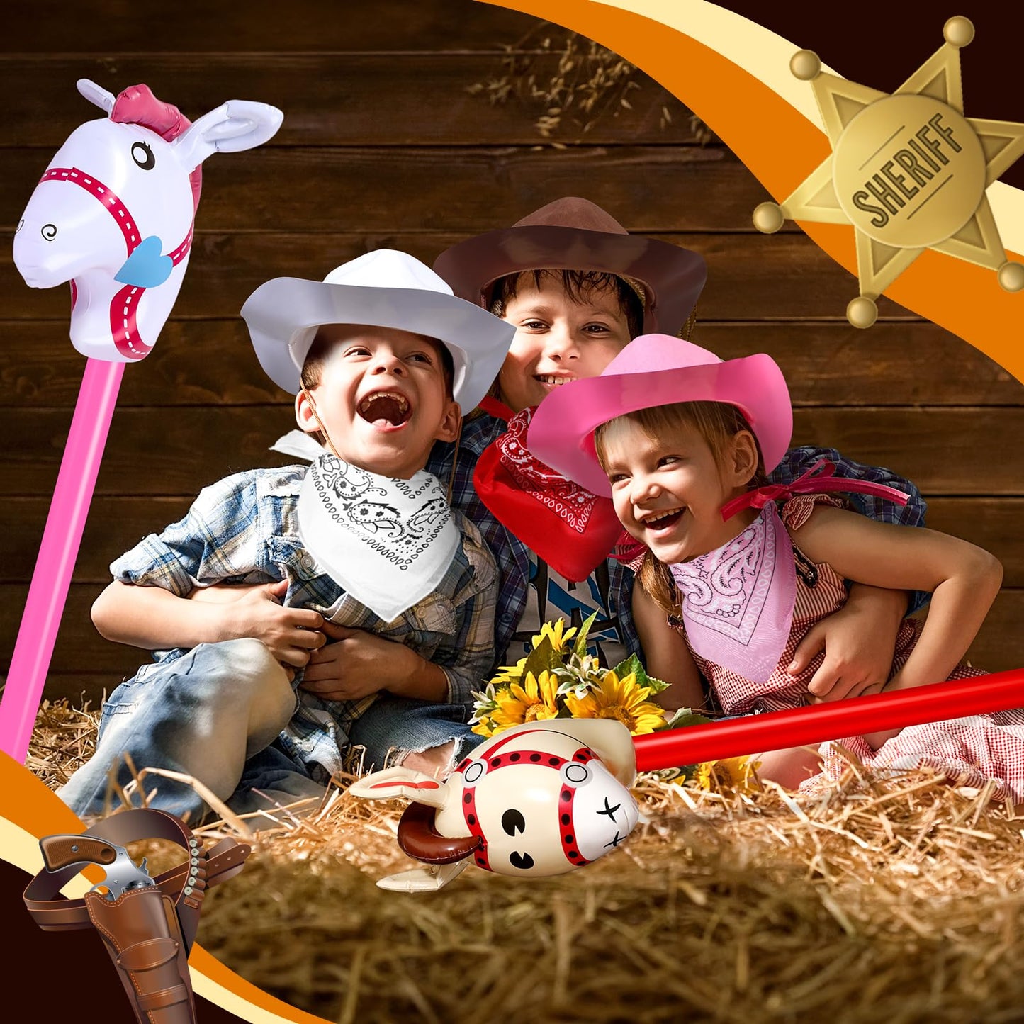 Xtinmee 36 Pcs Cowboy Party Costume Set, Farm Cowboy Hats Paisley Bandanas Inflatable Stick Horses Kids Party Supplies(Multicolor)