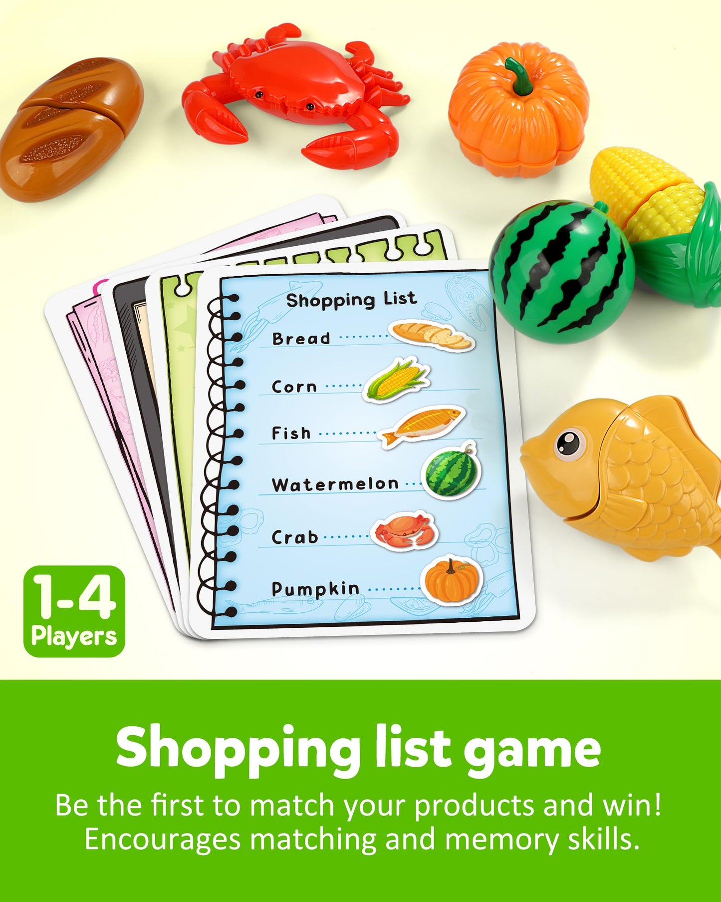 Coogam Pretend Play Food Set for Kids, Fake Fruits Meats Vegetables Balanced Meal Mixing and Cutting Toy, Play Kitchen Accessories with Shopping List, Educational Toy for 3 4 5 Years Old Kids