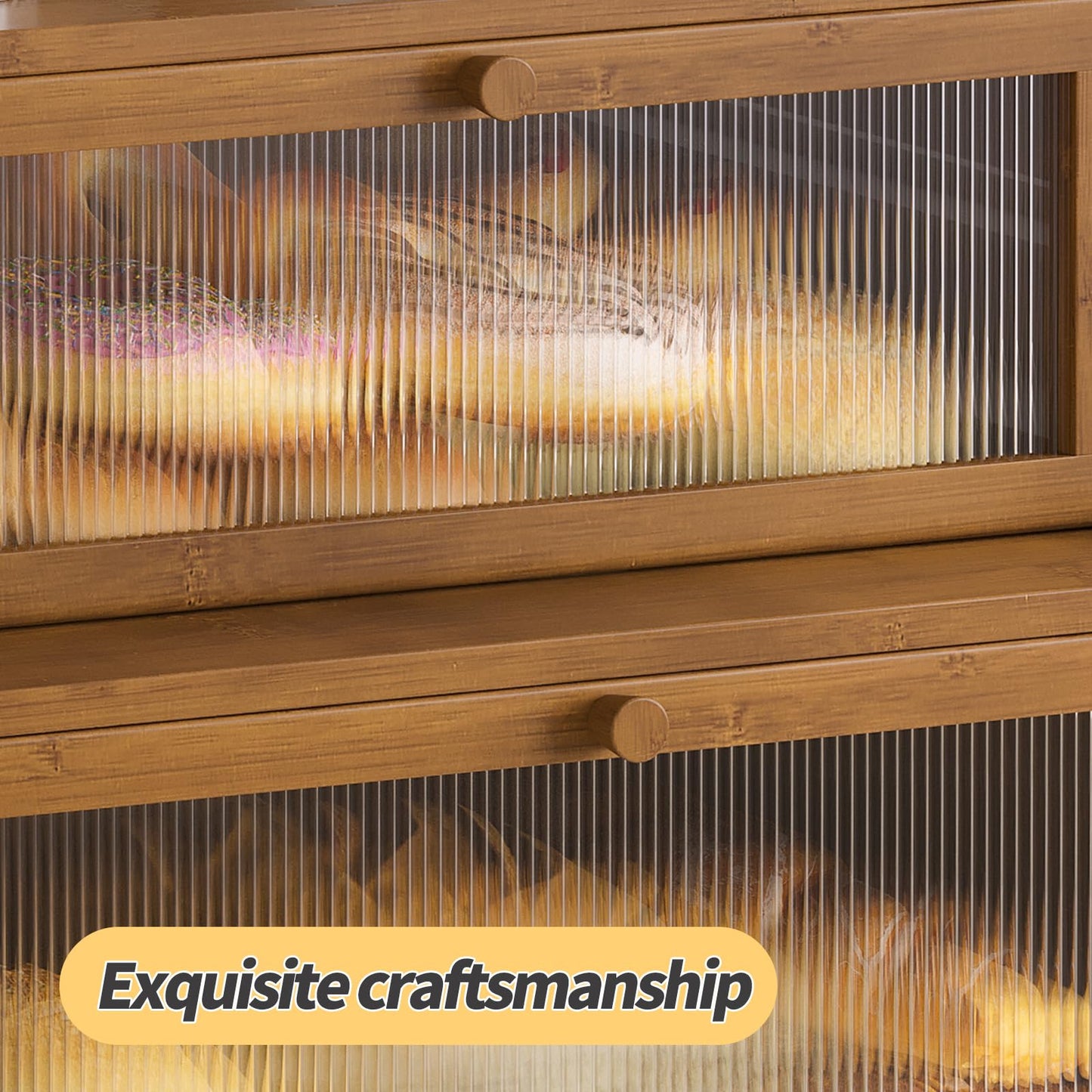 Furshus Double Layer Bamboo Bread Box for Kitchen Counter,Bread Holder,Countertop Bread Storage with Window (Brown)