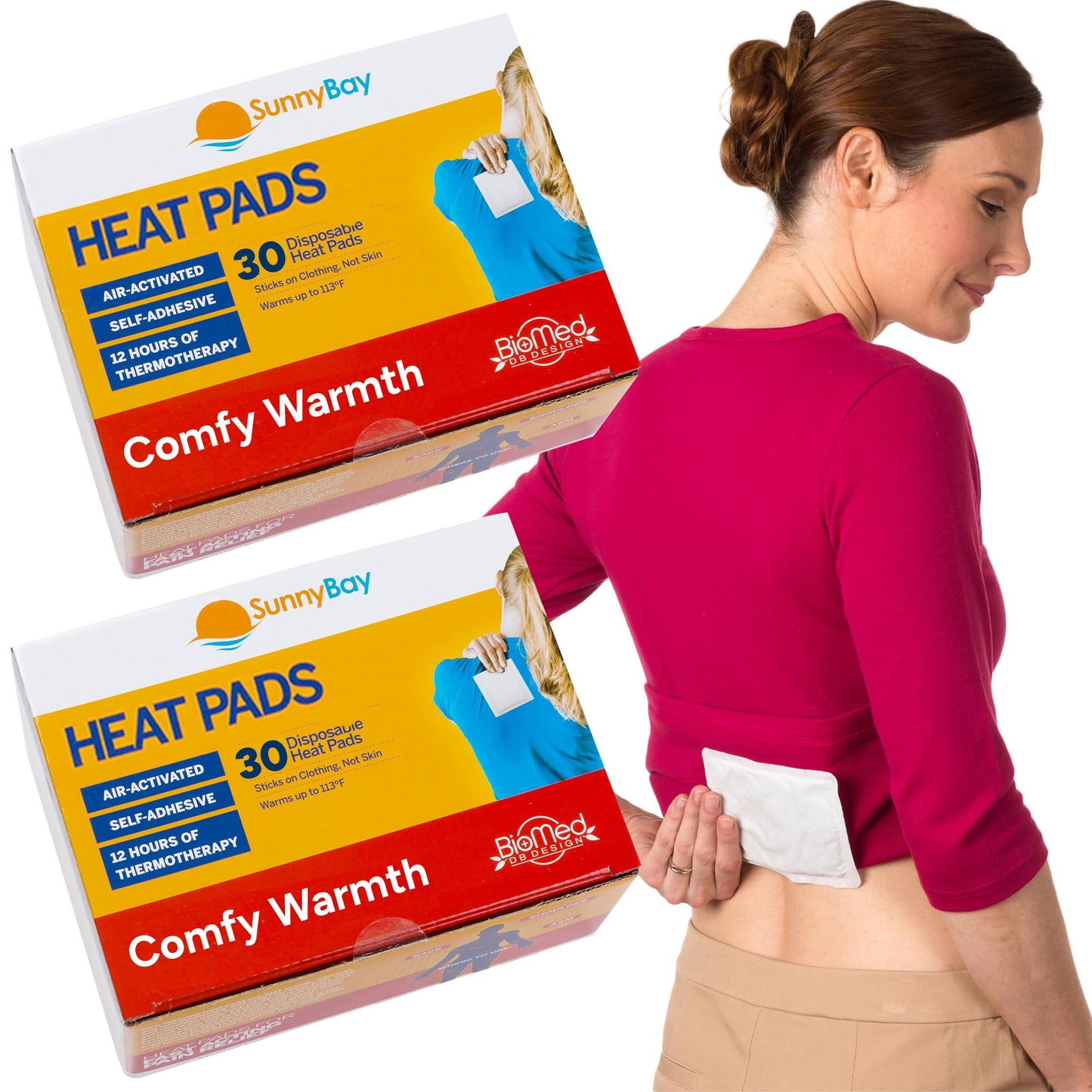 SunnyBay Adhesive Heat Patches for Neck, Knee, and Upper or Lower Back, Air-Activated Heat Pads for Menstrual Cramps, Stiffness, Sprains, and More, Stick to Clothing, 5x3 inches, 60 Count