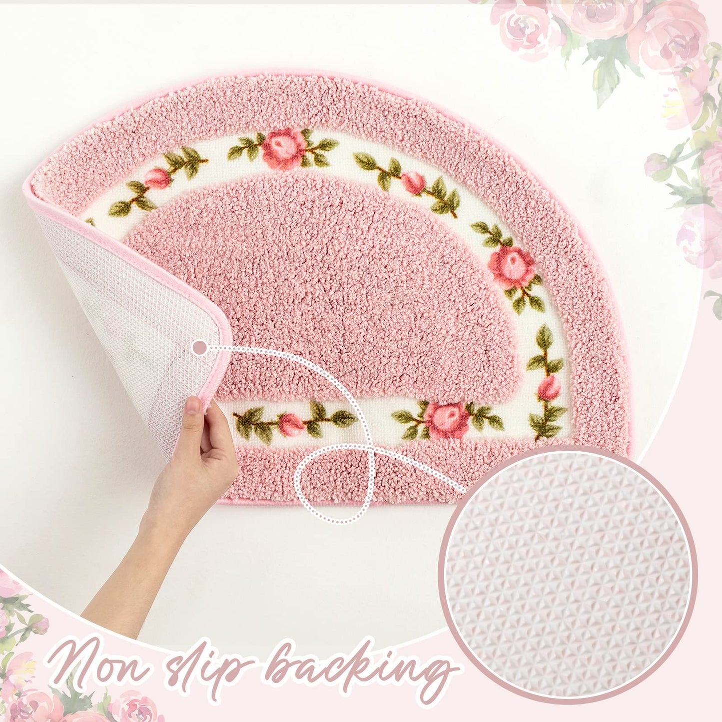 Timgle 4 Pcs Rose Flowers Coquette Bathroom Rugs Set Coquette Doom Decor Rose Flower Area Rugs Non Slip Absorbent Washable Door Mat Floral Bathroom Carpet for Home Hotel, 4 Shapes(Pink)
