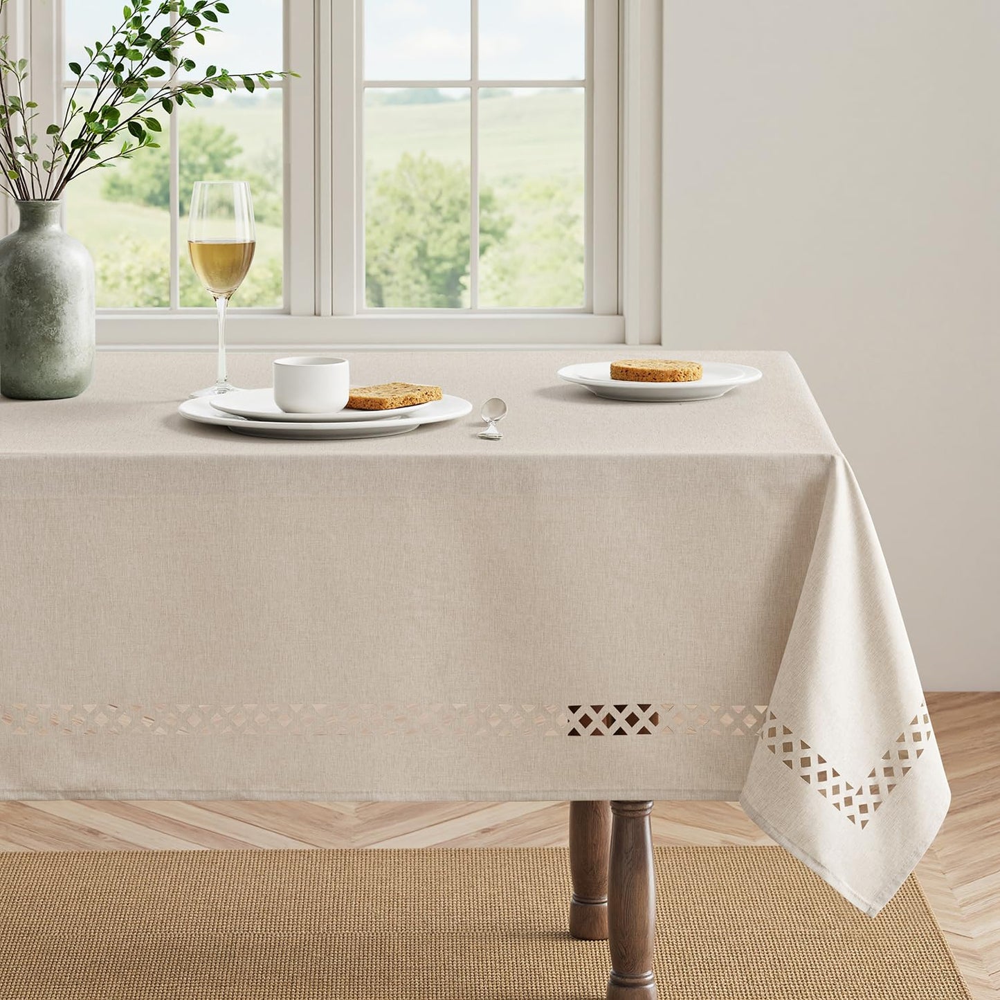 MIULEE Beige Rectangle Linen Polyester Tablecloth with Decorative Cutouts Spring Waterproof Stain Resistant & Shrink-Proof Table Cloth 60x120 inch Farmhouse Style for Dining Wedding and Outdoor