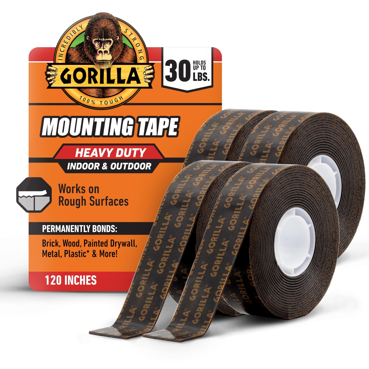 Gorilla Heavy Duty Double Sided Mounting Tape, Black Tape, 1" x 120" (Pack of 4) - Weatherproof for Indoor or Outdoor