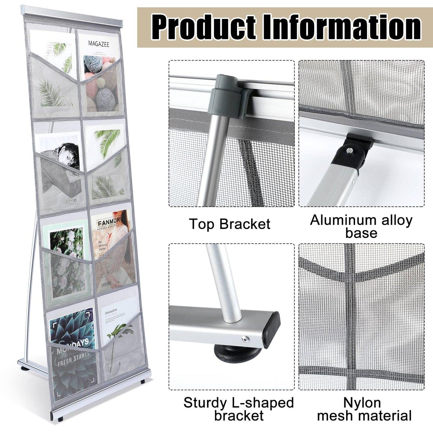 Outus Mesh Literature Brochure Holder with 8 Pocket Portable Magazine Display Roll Up Magazine Rack Lightweight Floor Standing Catalog Office Brochure Display Stand for Business Trade Shows