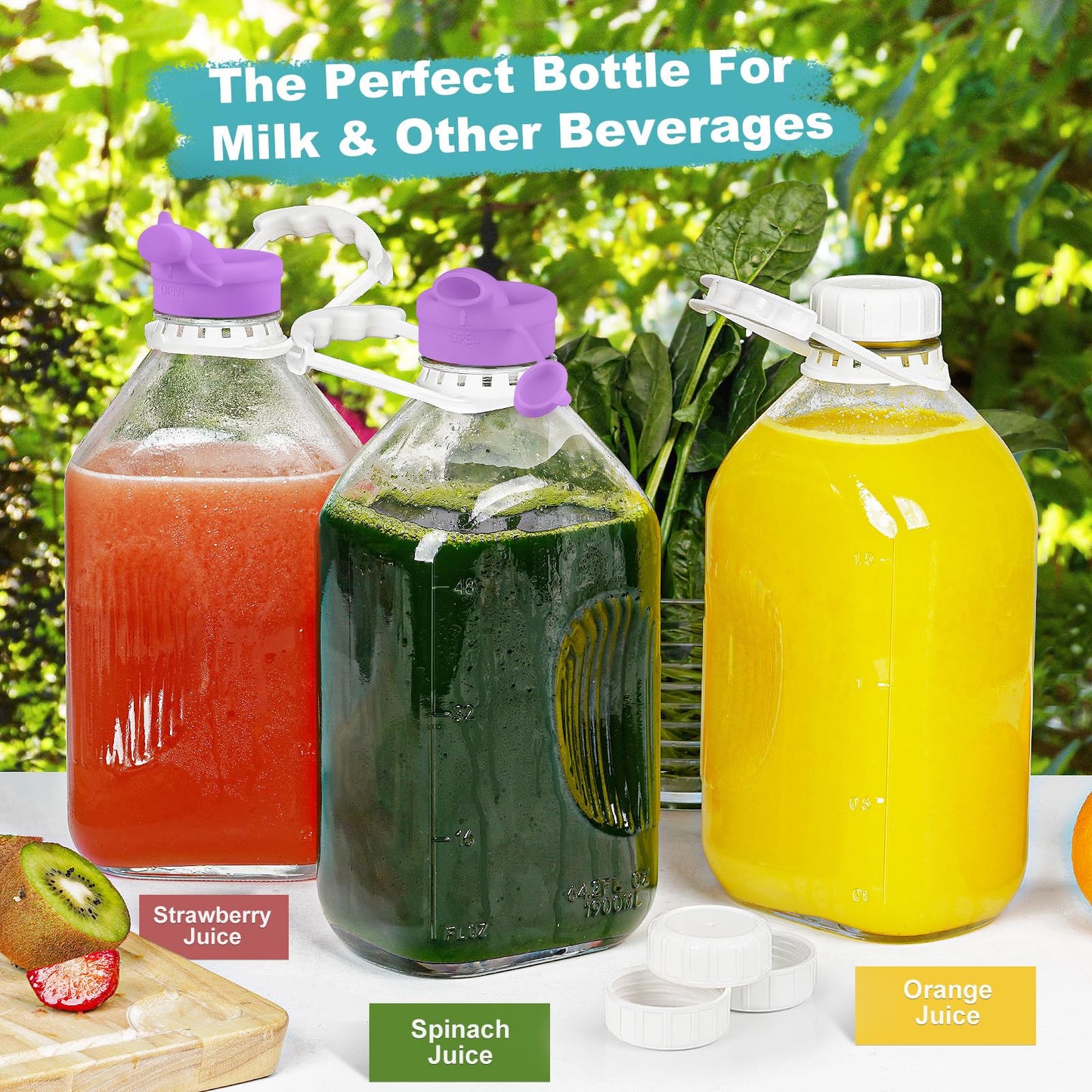 4 Pack 64 Oz Heavy Duty Glass Milk Bottle with 1 Silicone Spout and 5 Reusable Airtight SCREW LID, 2 Qt Glass Water Bottle with 2 Exact Scale Lines - Milk/Juice Jug Pitcher