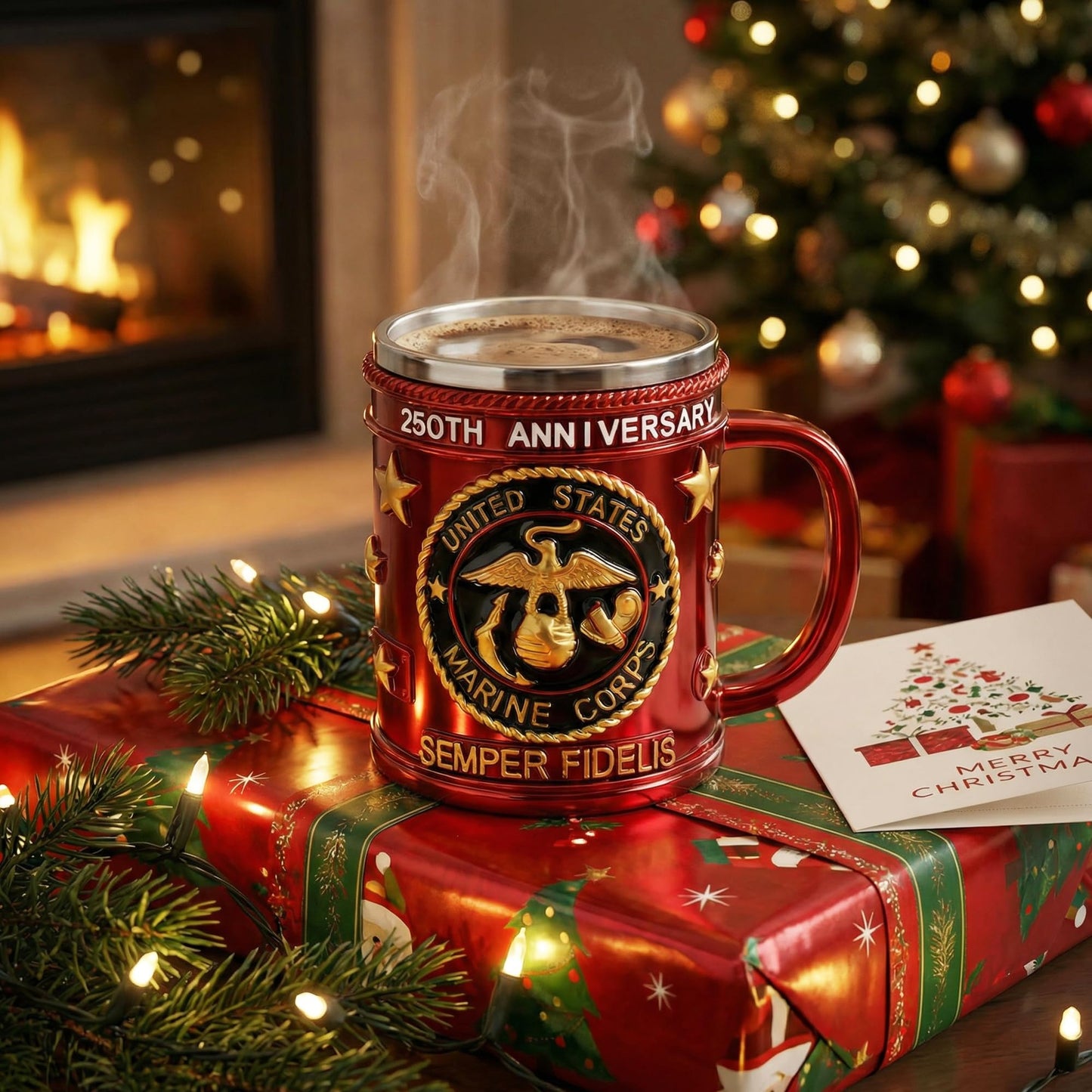 FEIOOD Metal Heavy Marine Corps Coffee Mug, USMC Anniversary 15oz Mug, Stainless Steel Army Mug, Veteran Gift & Military Collectible