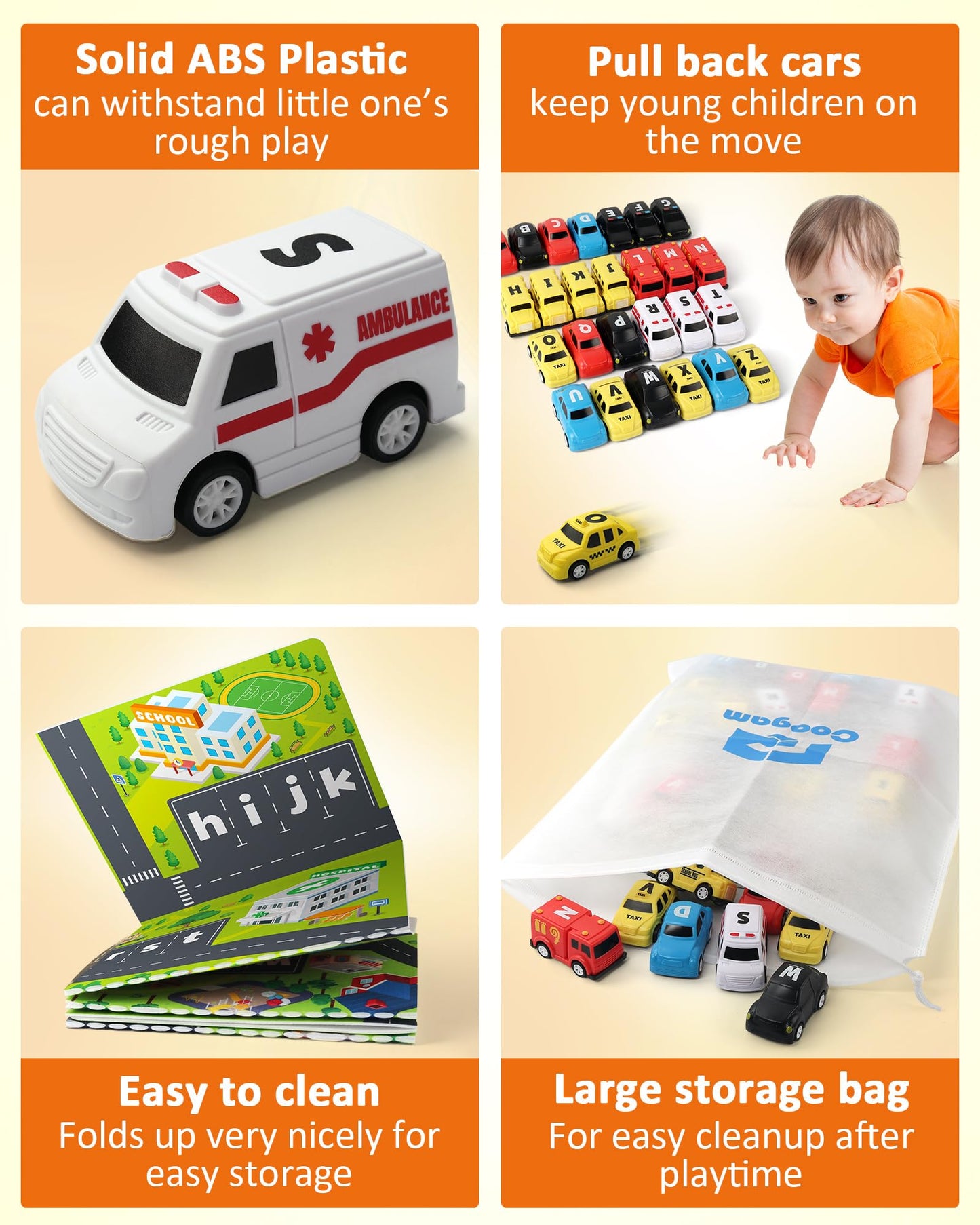 Coogam Alphabet Maze, 26pcs Pull Back Car with Play Mat Preschool Letter Matching Game for 3 4 5 Years Old, Educational Fine Motor Gift Toy for Toddler Kids