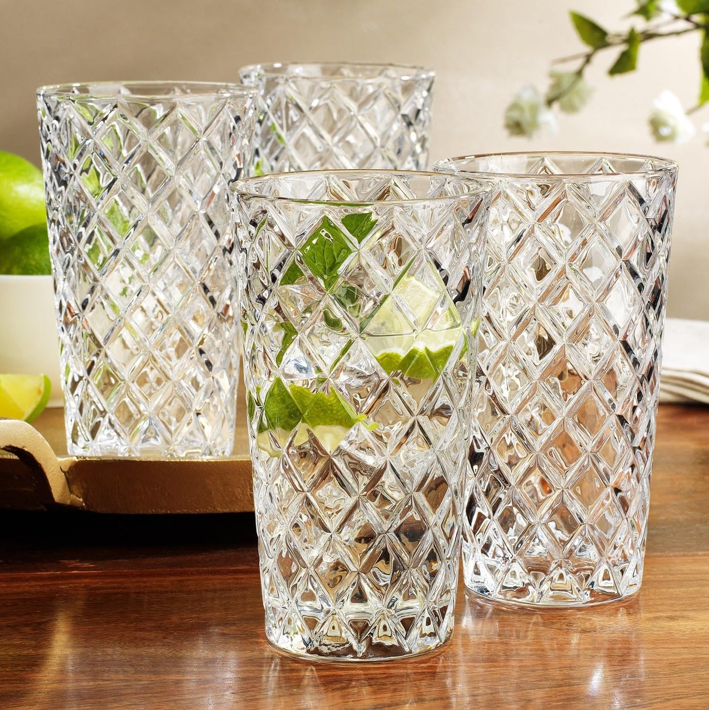 Glaver's Drinking Glasses - Set of 10-14oz. Highball Glass Cups - Dishwasher Safe Cocktail - Diamond Cut Shape - Tall Beer Glasses, Water Glasses, Bar Glass, Wine, Juice, Iced Tea