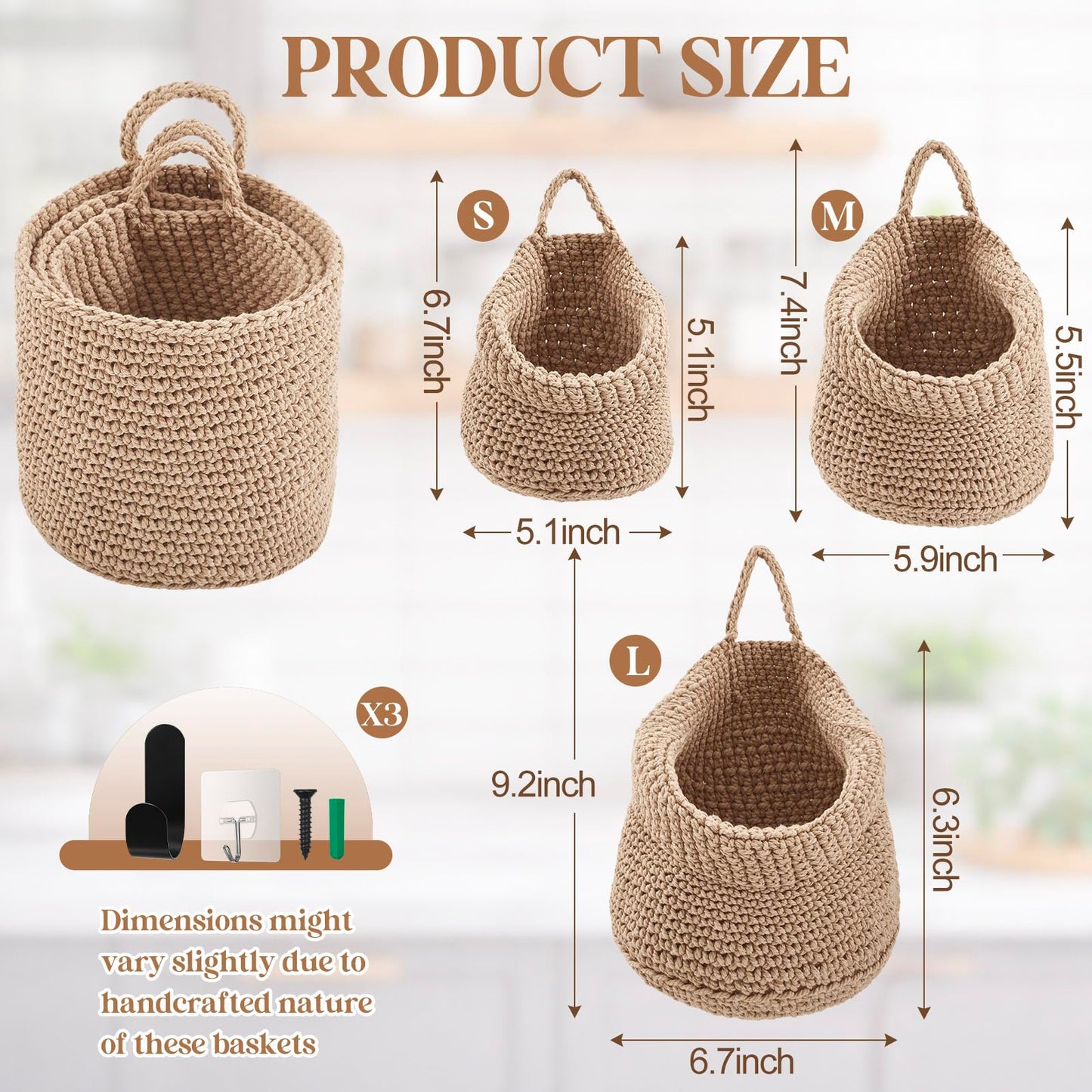 Honeydak Boho Decor Hanging Wall Baskets for Kitchen 3 Pack Teardrop Baskets with Hooks Storage Fruit Onion Vegetable Potato for Home 3 Sizes(Light Linen,Barrel,Cotton Rope)